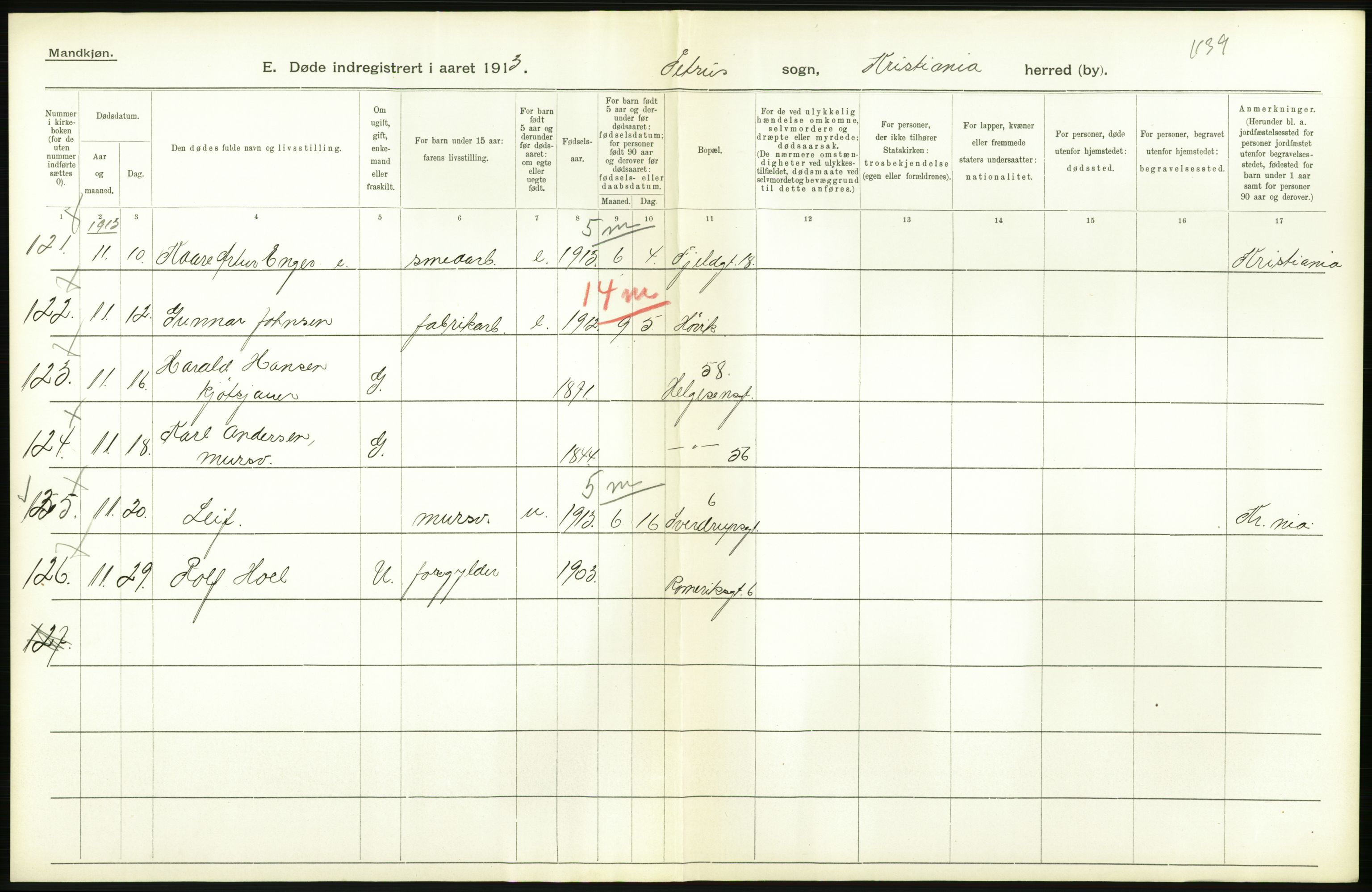 Statistisk sentralbyrå, Sosiodemografiske emner, Befolkning, AV/RA-S-2228/D/Df/Dfb/Dfbc/L0009: Kristiania: Døde., 1913, p. 474