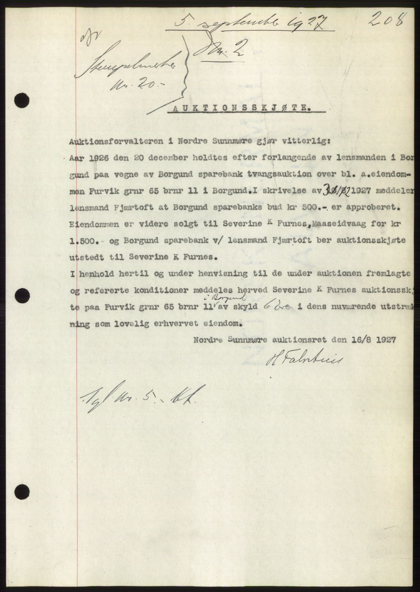 Nordre Sunnmøre sorenskriveri, AV/SAT-A-0006/1/2/2C/2Ca/L0037: Mortgage book no. 40, 1927-1927, Deed date: 05.09.1927