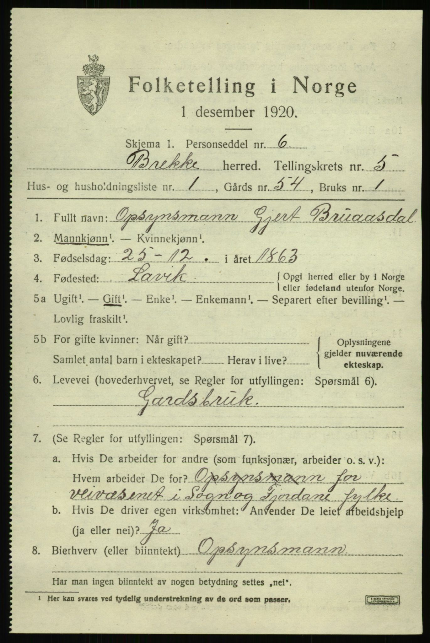 SAB, 1920 census for Brekke, 1920, p. 1072