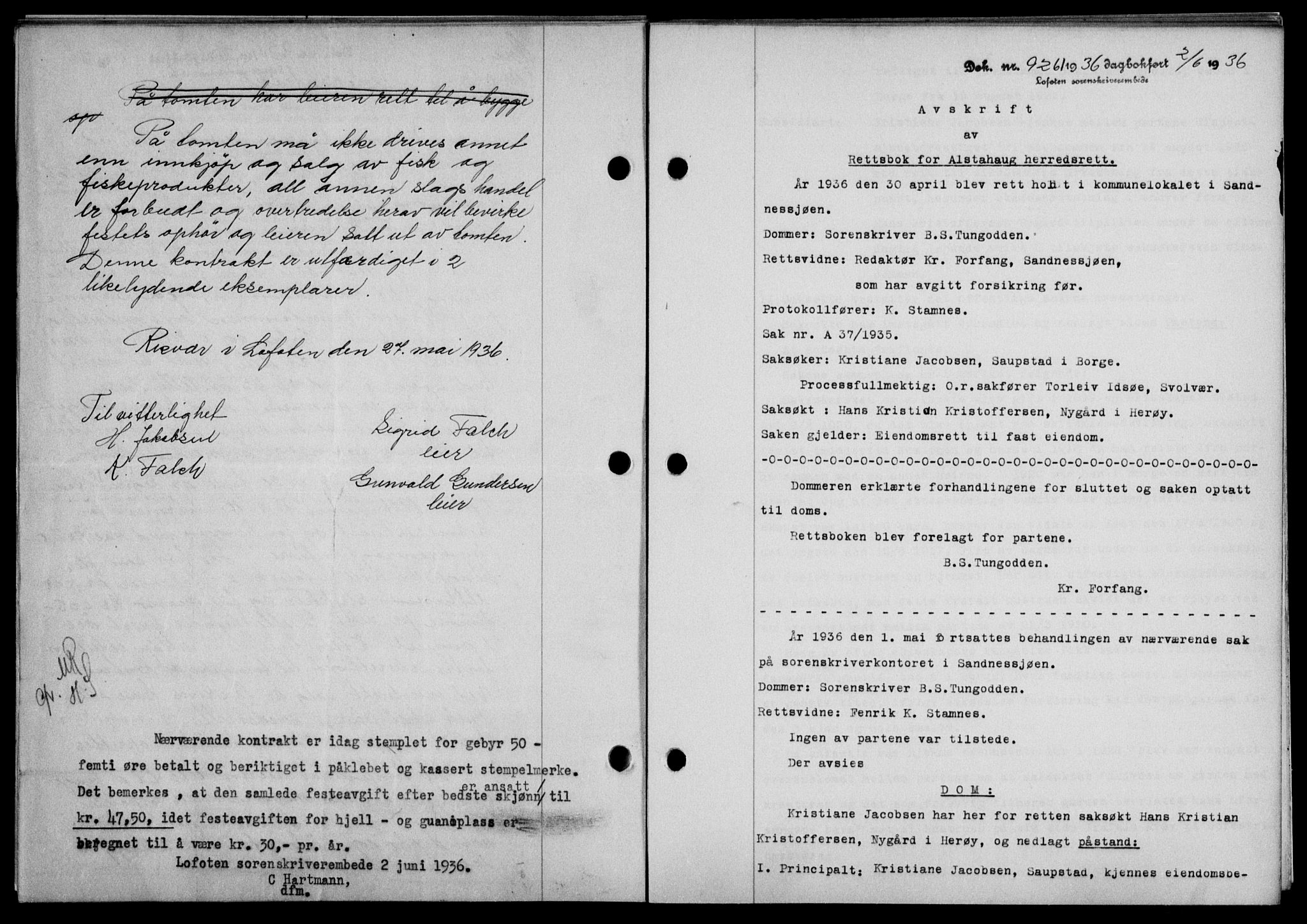 Lofoten sorenskriveri, SAT/A-0017/1/2/2C/L0033b: Mortgage book no. 33b, 1936-1936, Diary no: : 926/1936
