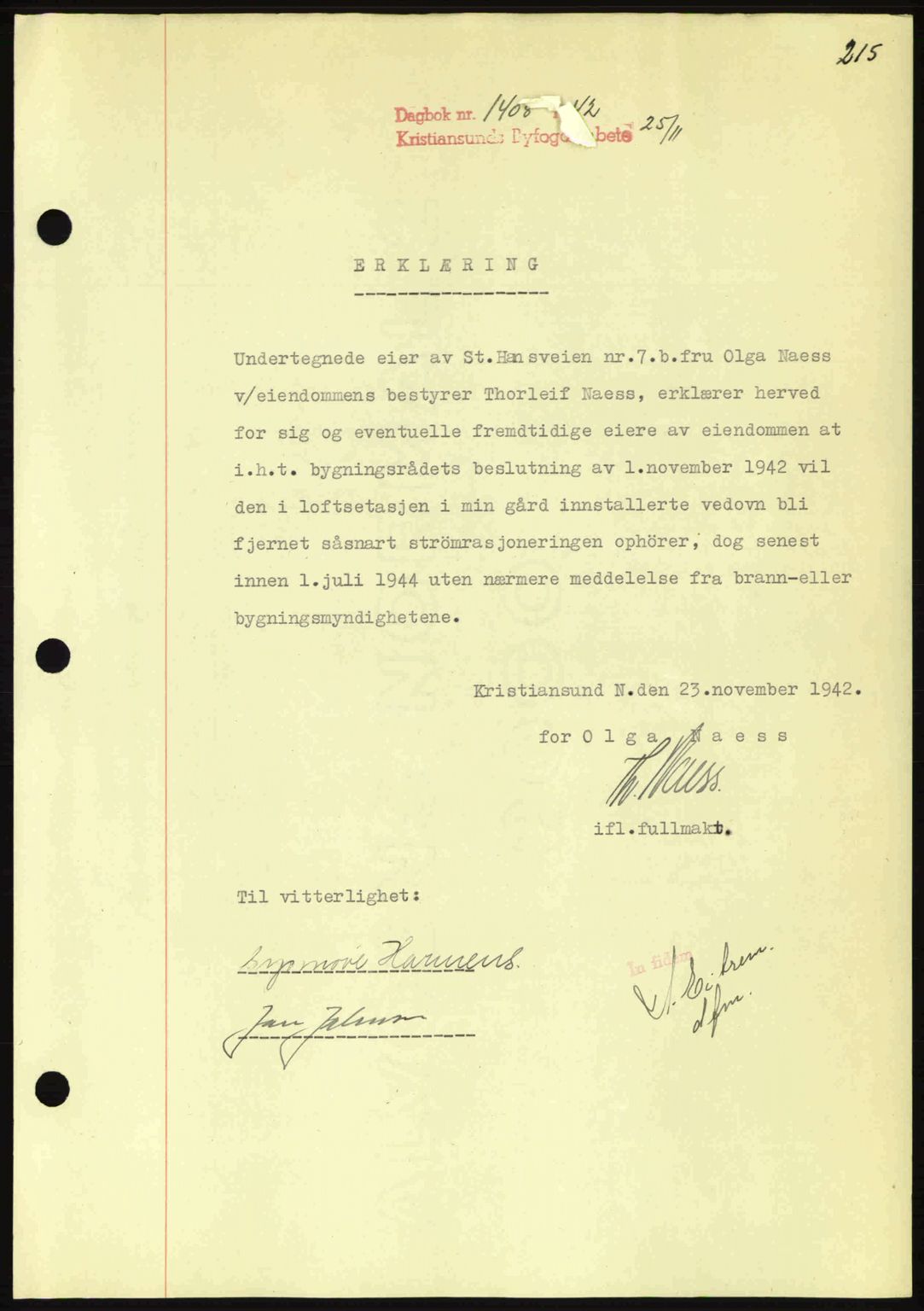 Kristiansund byfogd, SAT/A-4587/A/27: Mortgage book no. 36, 1942-1943, Diary no: : 1408/1942