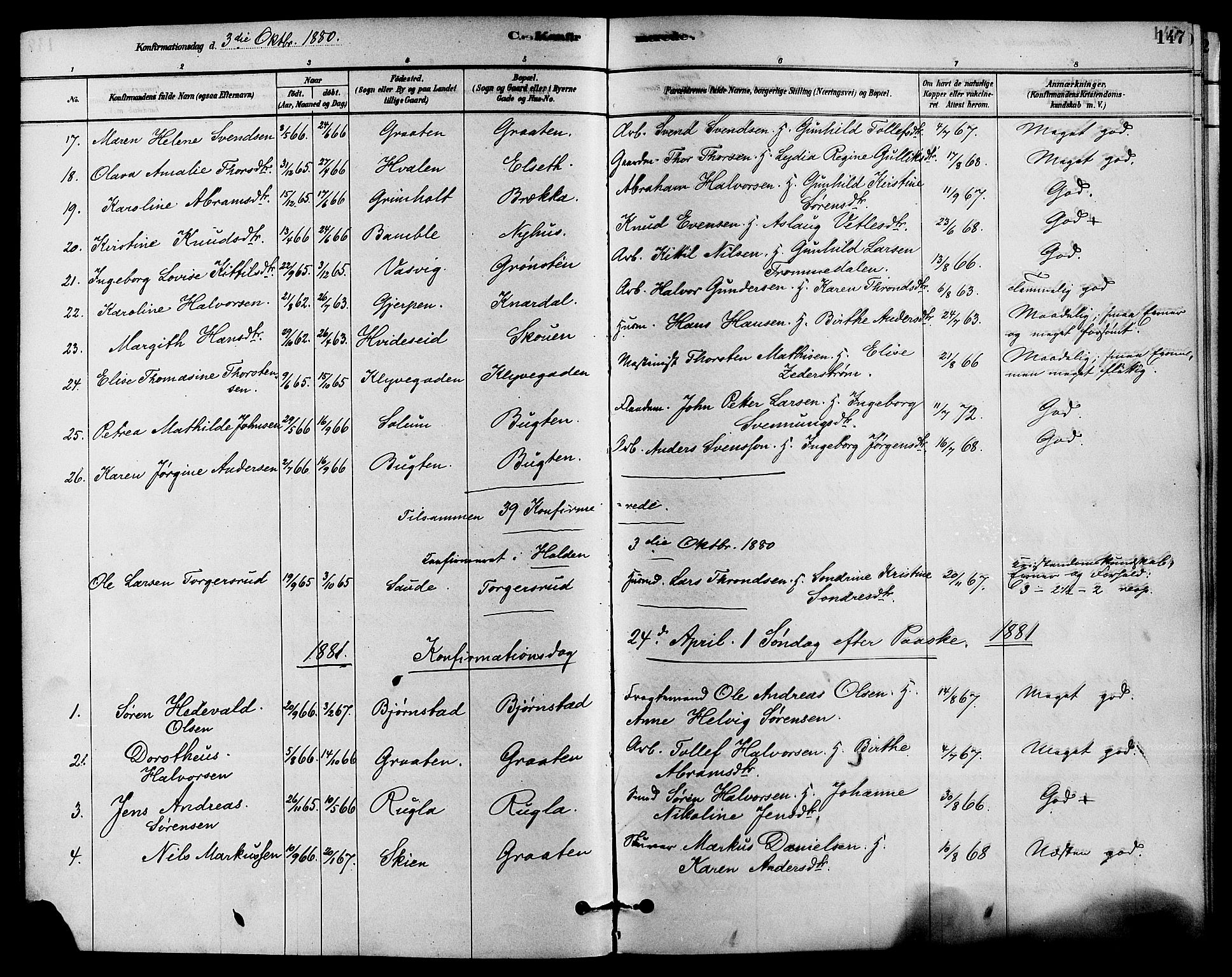 Solum kirkebøker, SAKO/A-306/F/Fa/L0009: Parish register (official) no. I 9, 1877-1887, p. 147