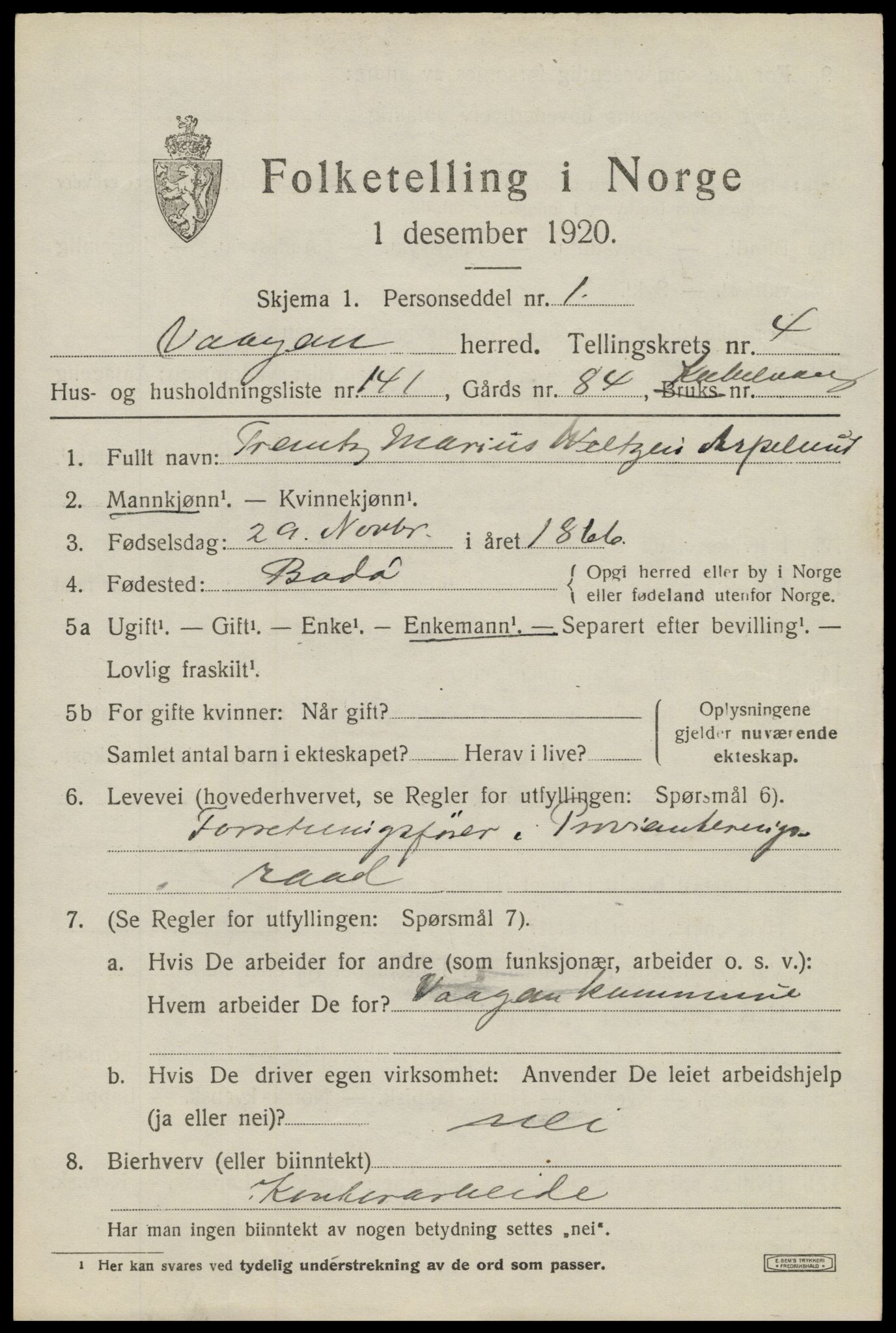 SAT, 1920 census for Vågan, 1920, p. 5027