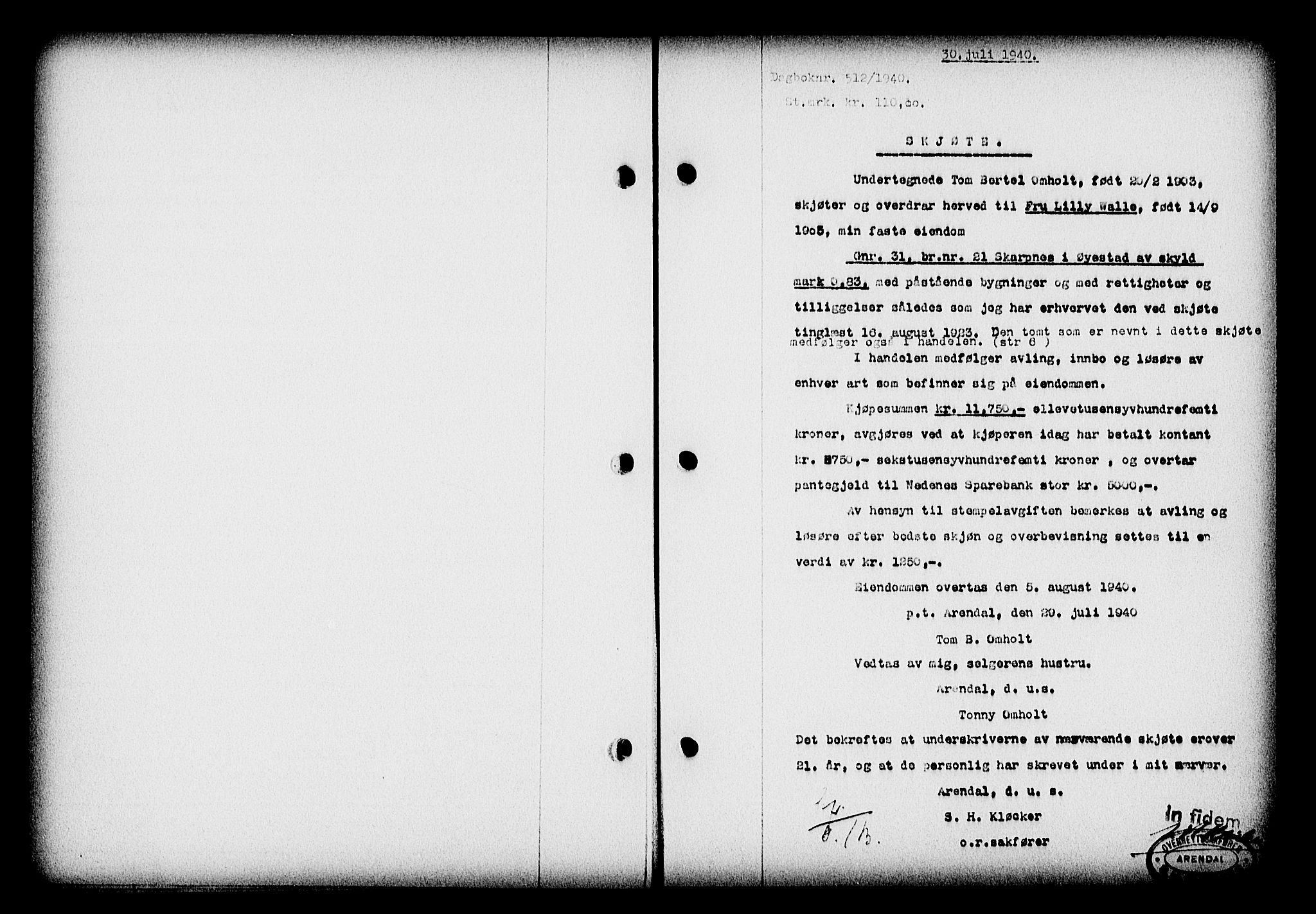 Nedenes sorenskriveri, SAK/1221-0006/G/Gb/Gba/L0047: Mortgage book no. A-I, 1939-1940, Diary no: : 512/1940