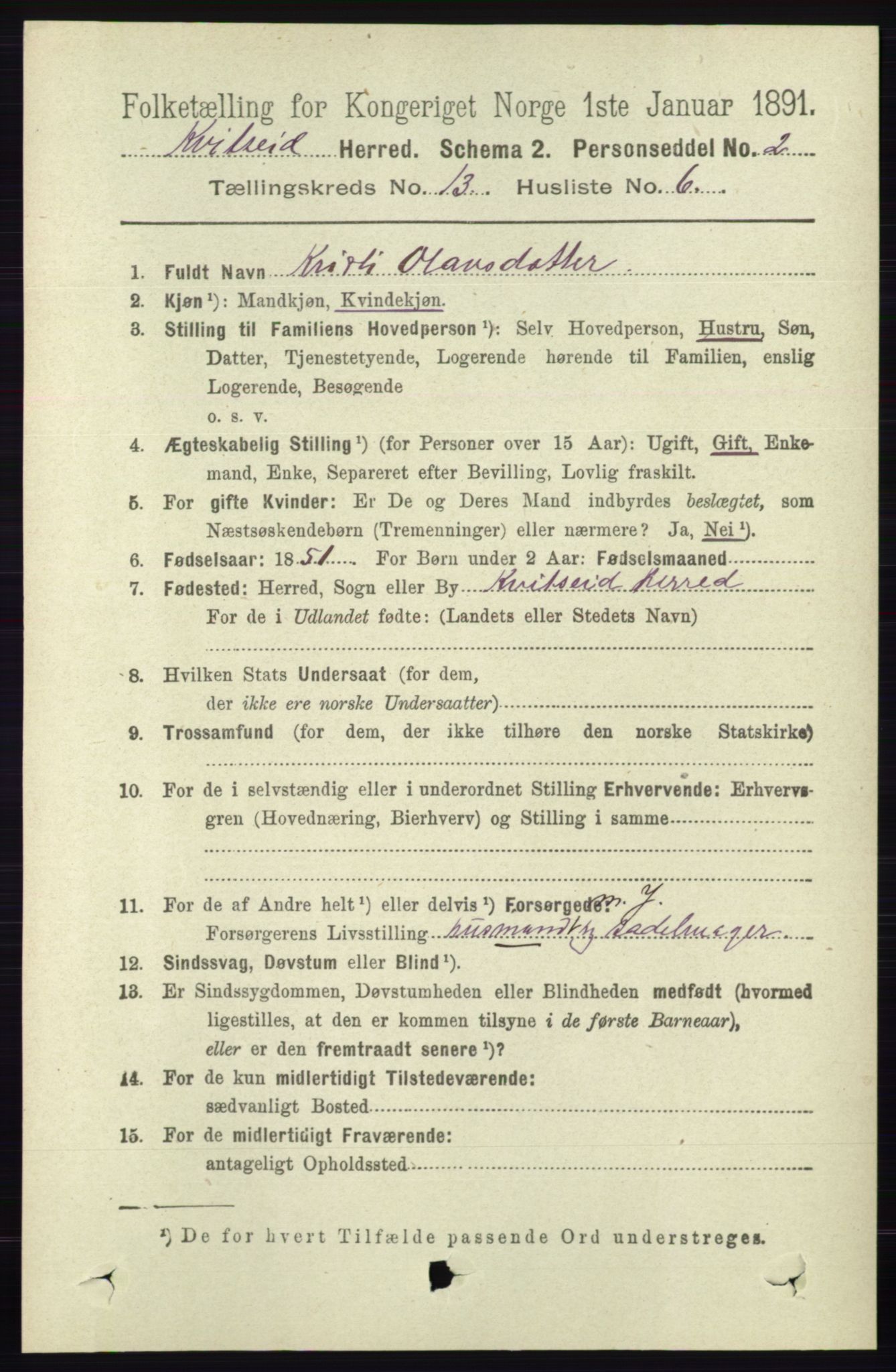 RA, 1891 census for 0829 Kviteseid, 1891, p. 3106