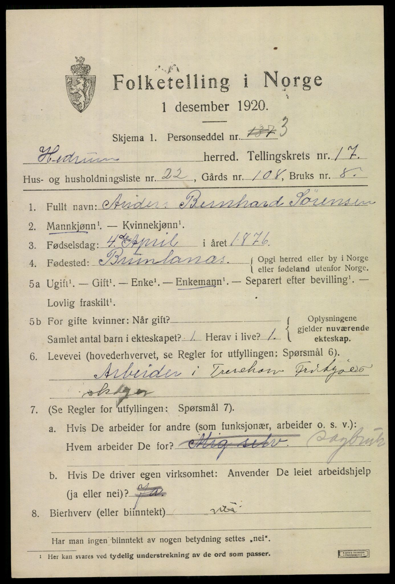 SAKO, 1920 census for Hedrum, 1920, p. 10789