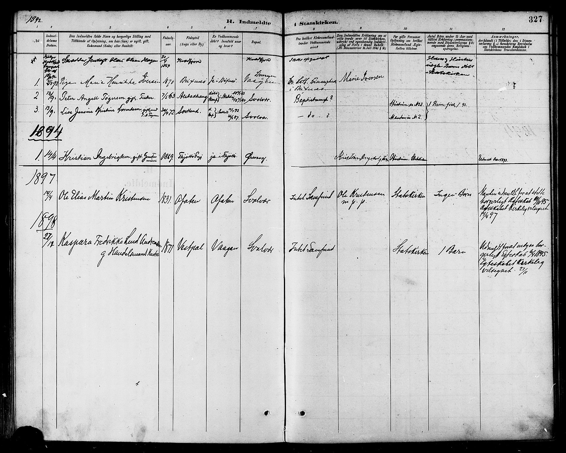 Ministerialprotokoller, klokkerbøker og fødselsregistre - Nordland, AV/SAT-A-1459/874/L1060: Parish register (official) no. 874A04, 1890-1899, p. 327