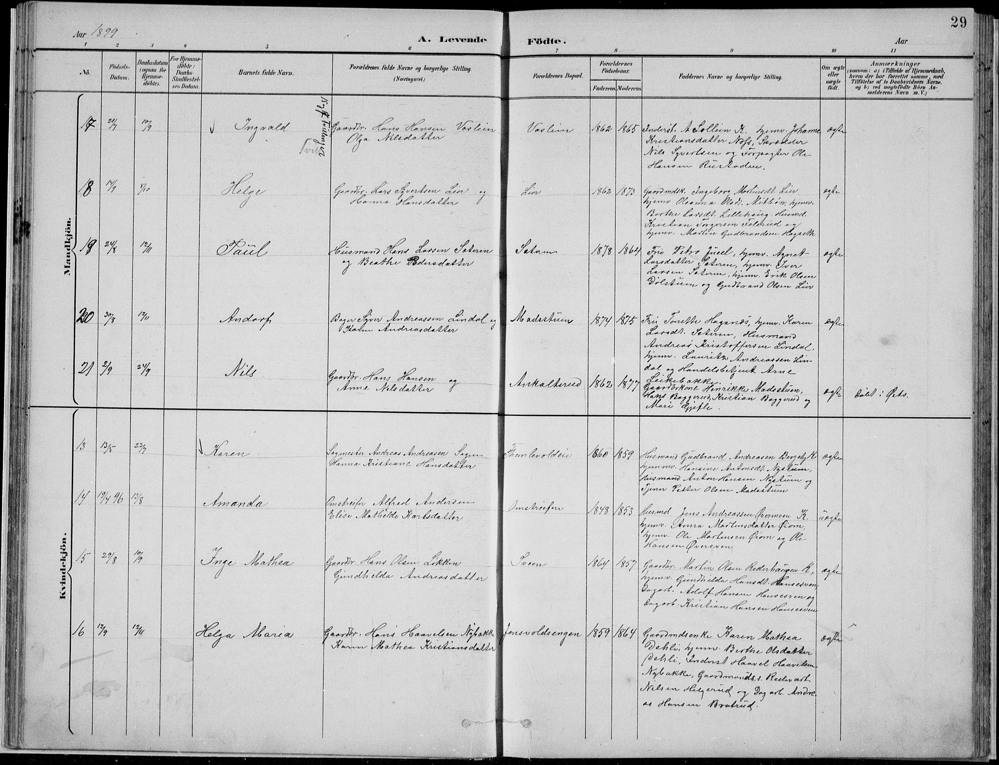 Nordre Land prestekontor, AV/SAH-PREST-124/H/Ha/Hab/L0013: Parish register (copy) no. 13, 1891-1904, p. 29