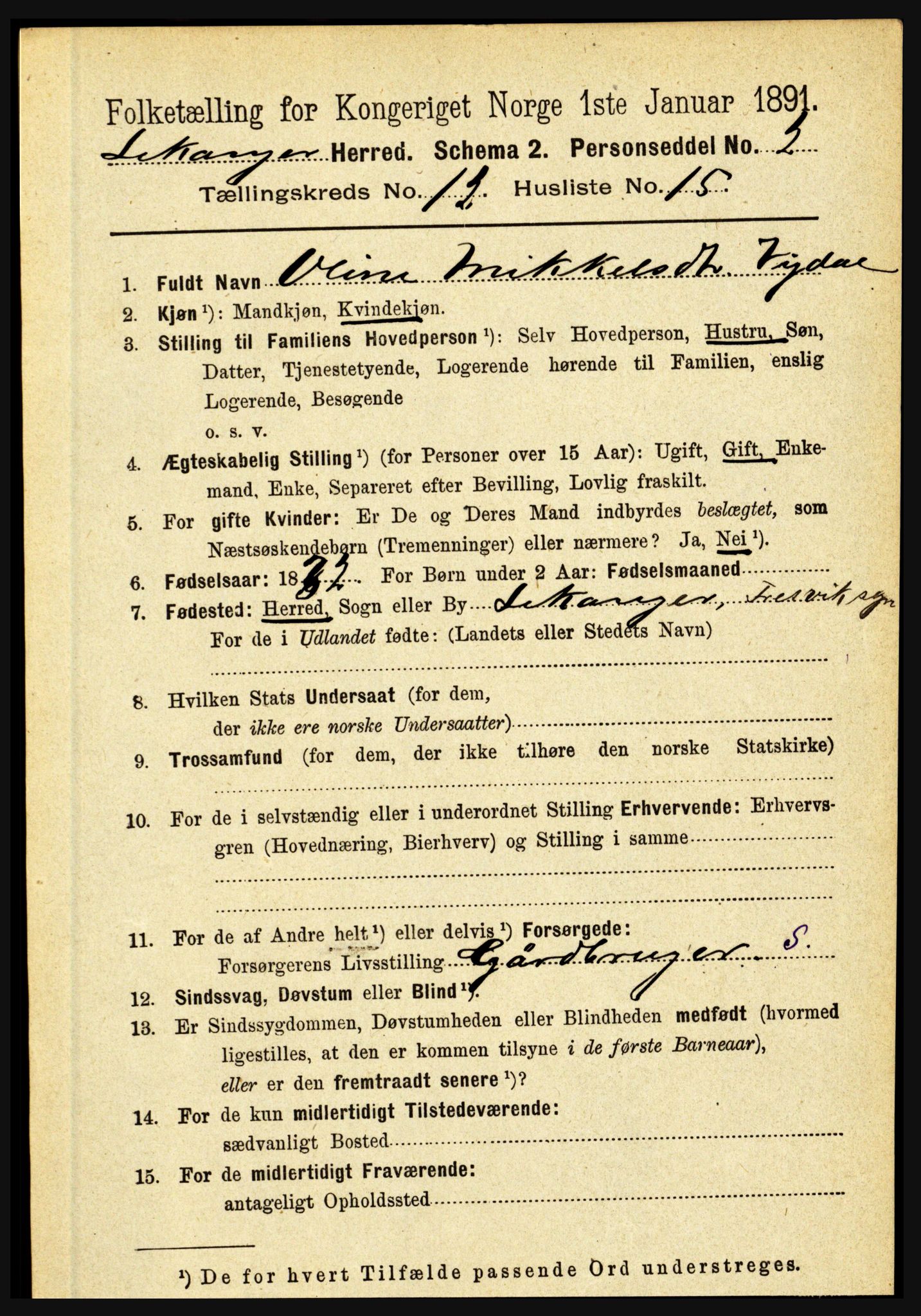 RA, 1891 census for 1419 Leikanger, 1891, p. 2410