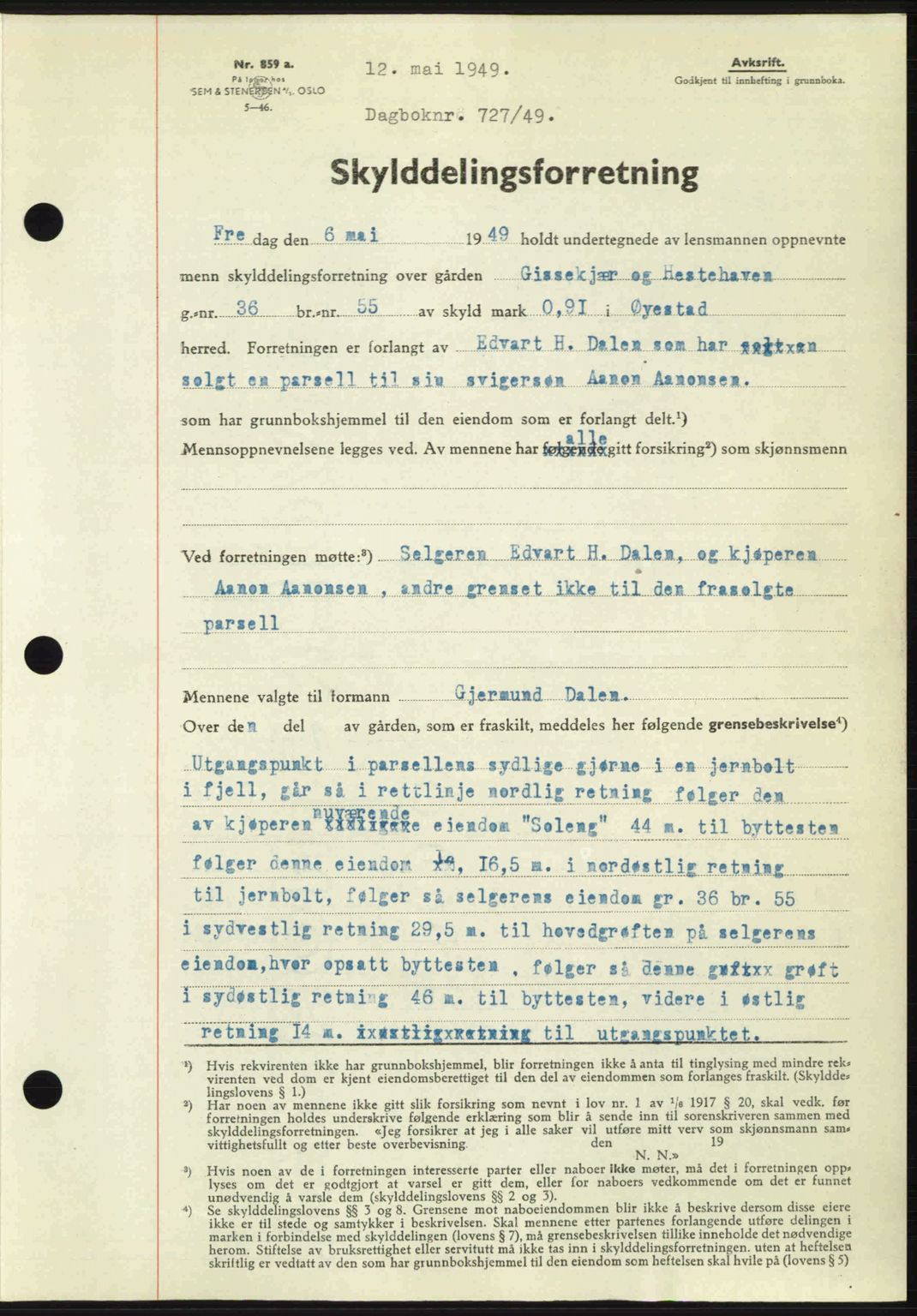 Nedenes sorenskriveri, SAK/1221-0006/G/Gb/Gba/L0060: Mortgage book no. A12, 1948-1949, Diary no: : 727/1949