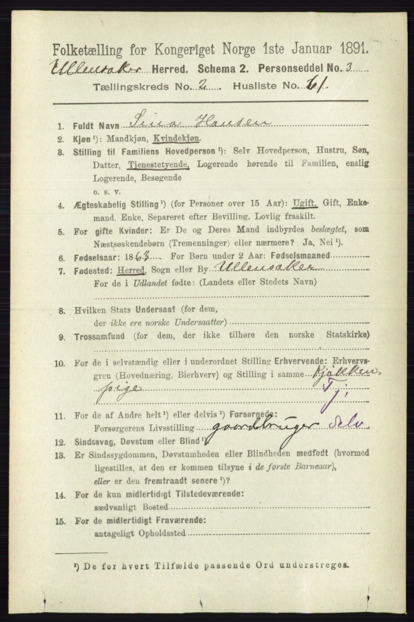 RA, 1891 census for 0235 Ullensaker, 1891, p. 1053