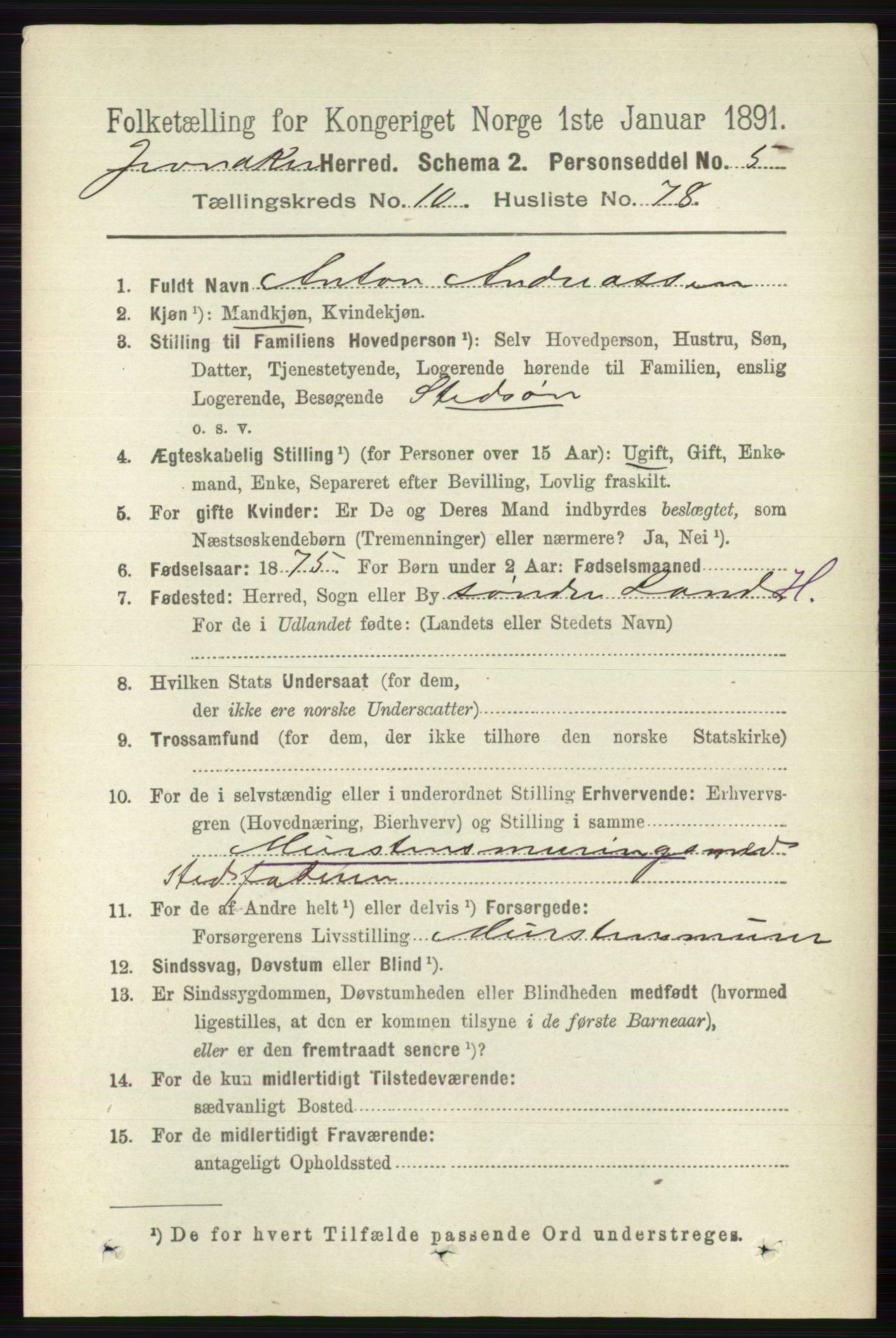 RA, 1891 census for 0532 Jevnaker, 1891, p. 6109