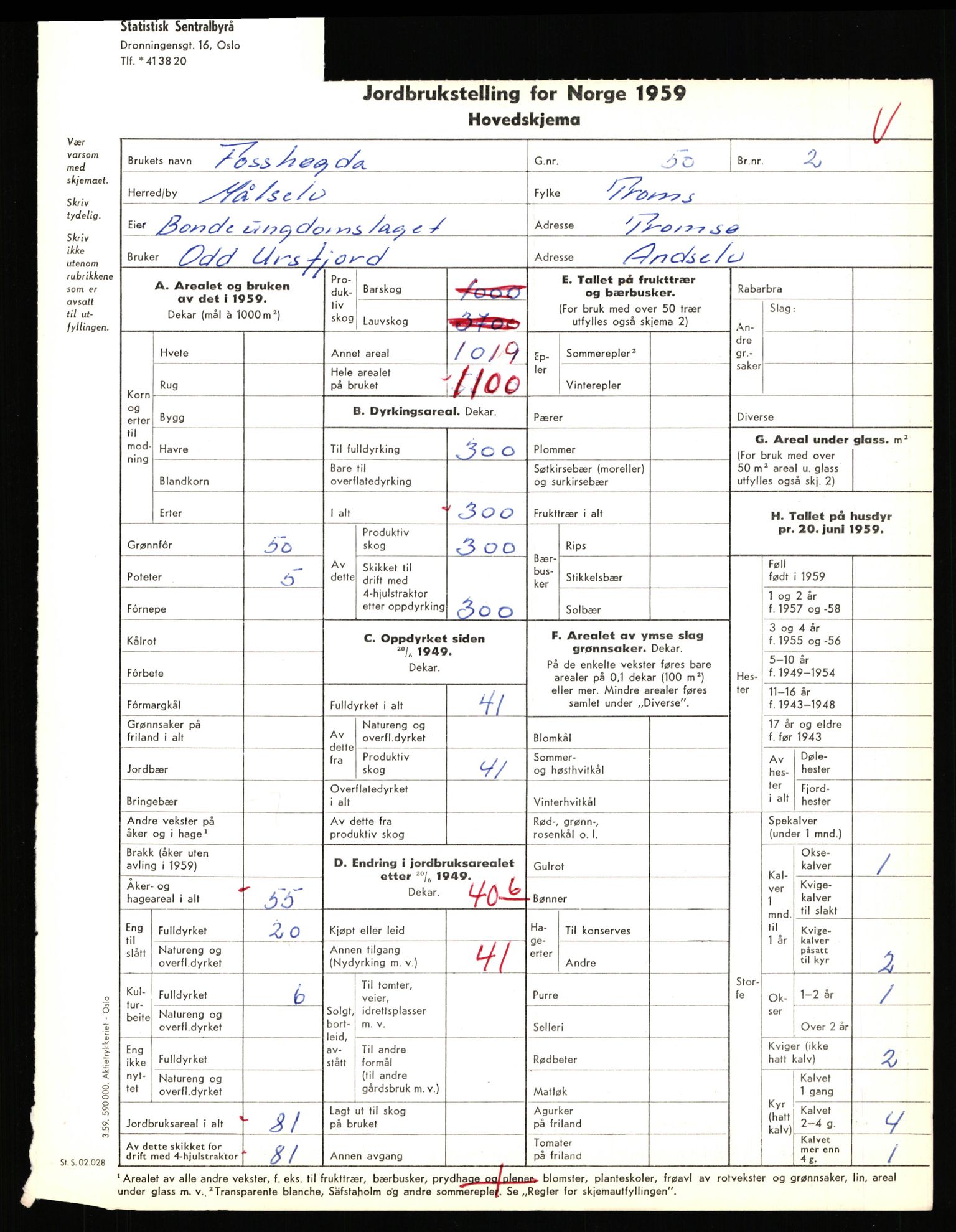 Statistisk sentralbyrå, Næringsøkonomiske emner, Jordbruk, skogbruk, jakt, fiske og fangst, AV/RA-S-2234/G/Gd/L0655: Troms: 1924 Målselv (kl. 4-10), 1959, p. 1034