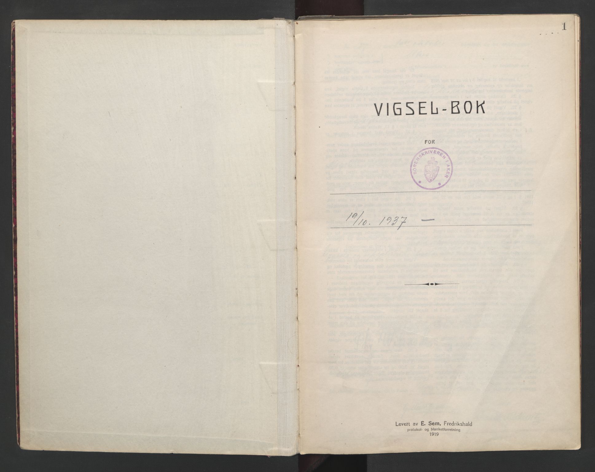 Aker sorenskriveri, SAO/A-10895/L/Lc/Lcb/L0010: Vigselprotokoll, 1937-1938, p. 1