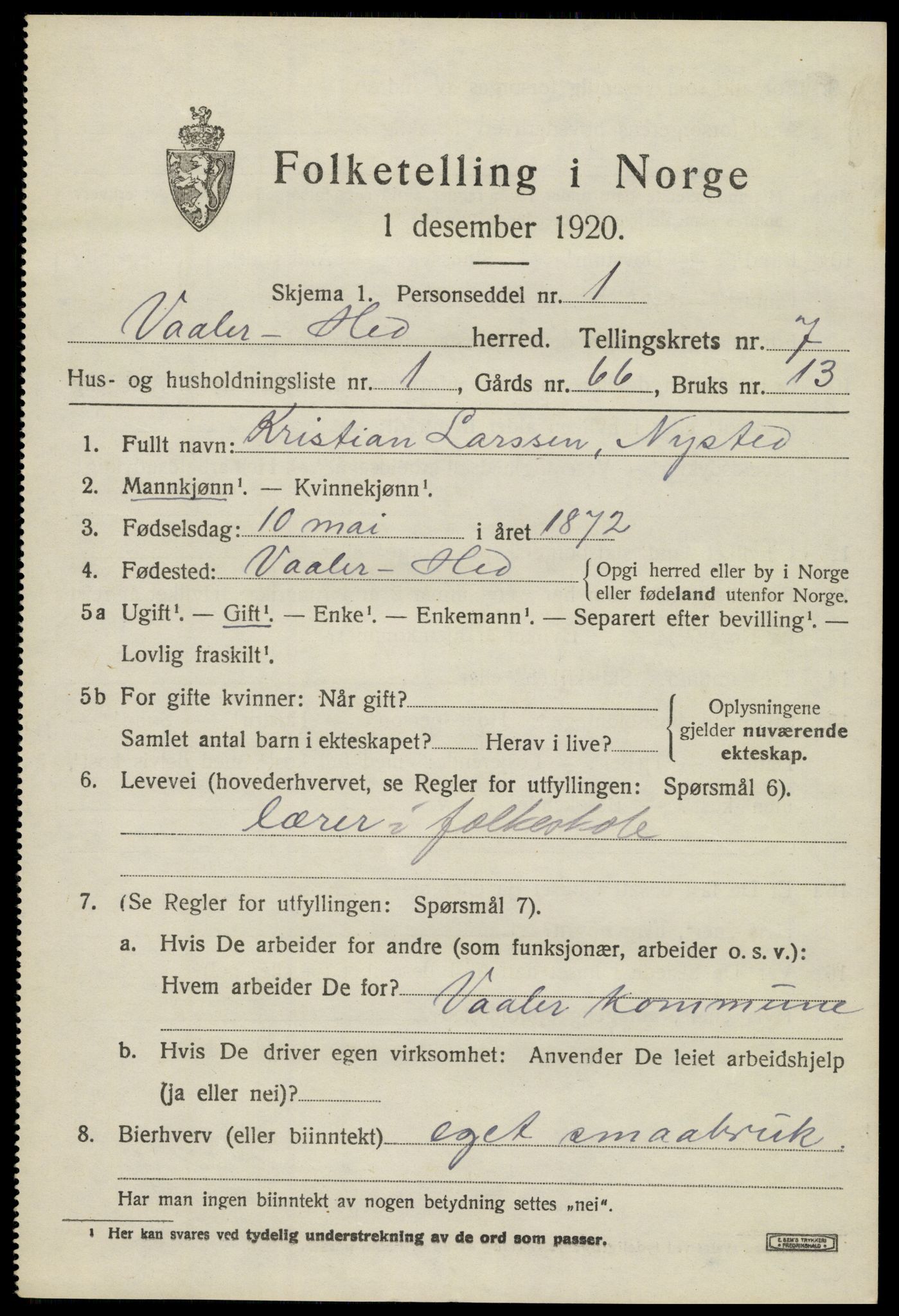 SAH, 1920 census for Våler (Hedmark), 1920, p. 7557