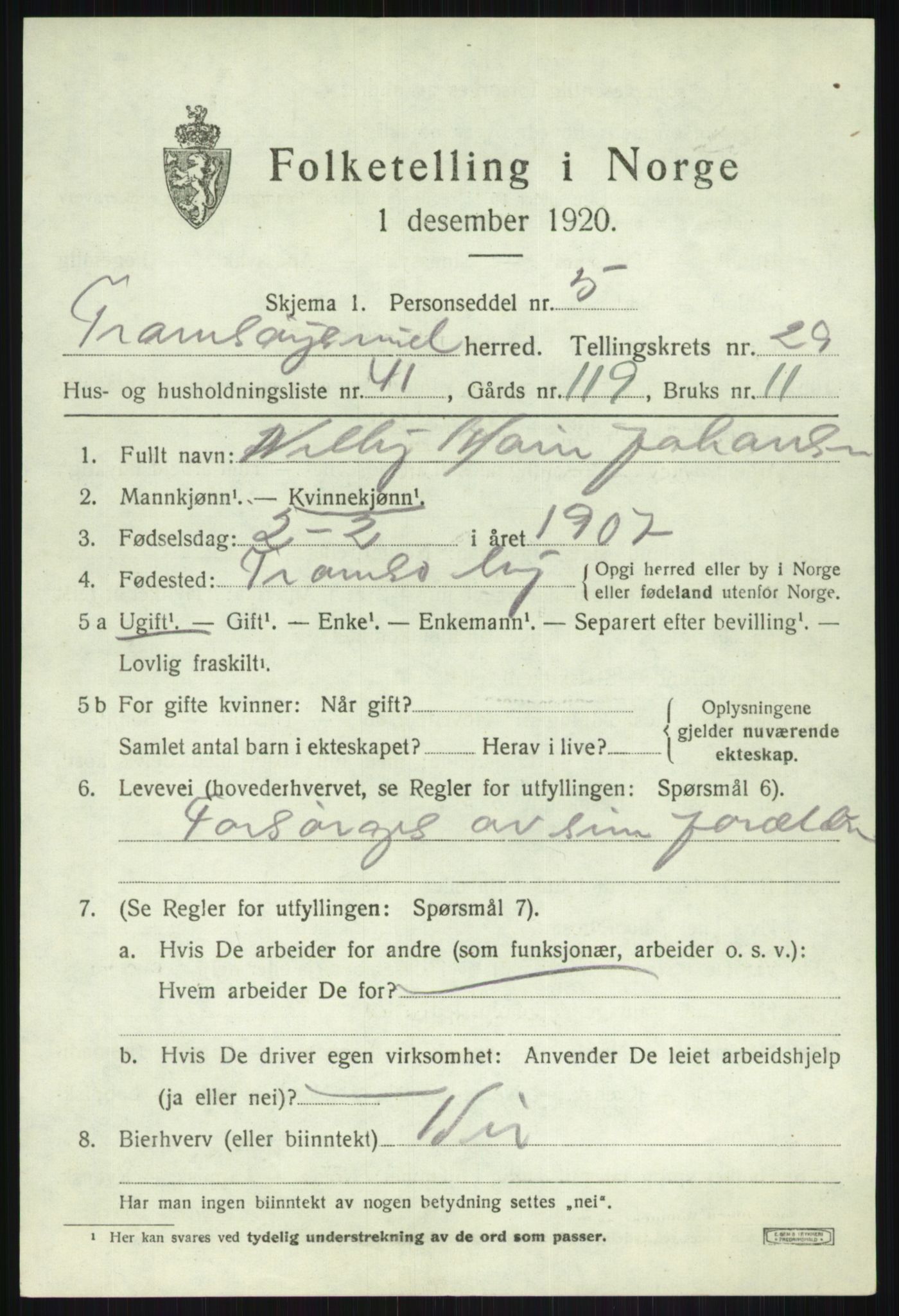SATØ, 1920 census for Tromsøysund, 1920, p. 13850