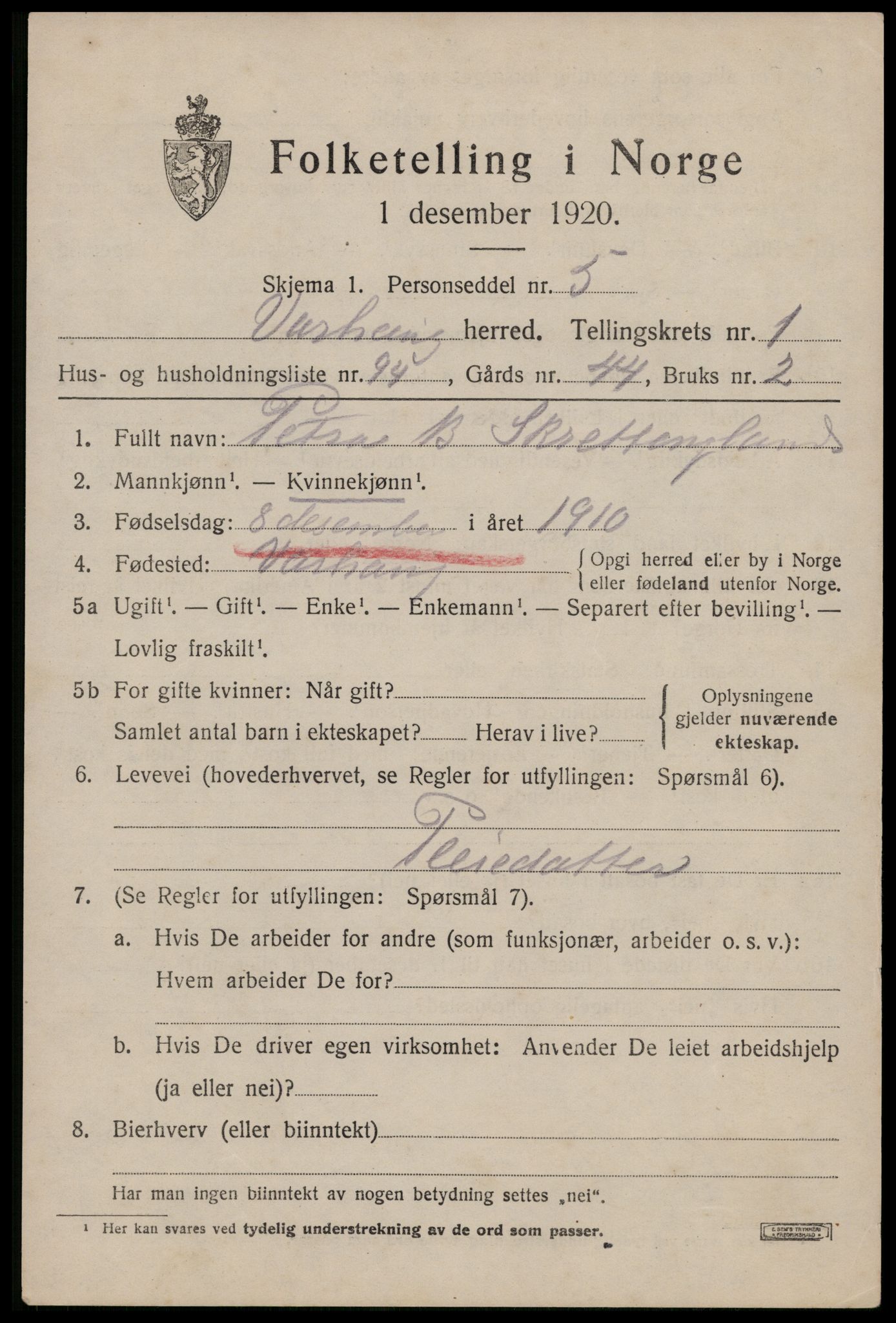 SAST, 1920 census for Varhaug, 1920, p. 1985