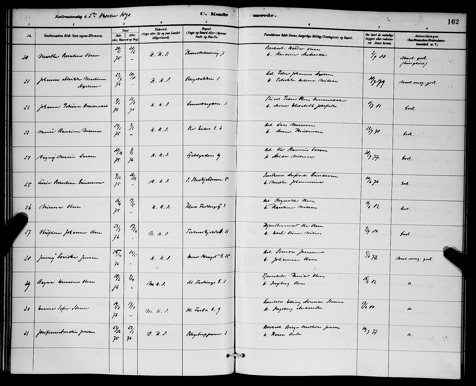 Korskirken sokneprestembete, AV/SAB-A-76101/H/Hab: Parish register (copy) no. C 3, 1880-1892, p. 162