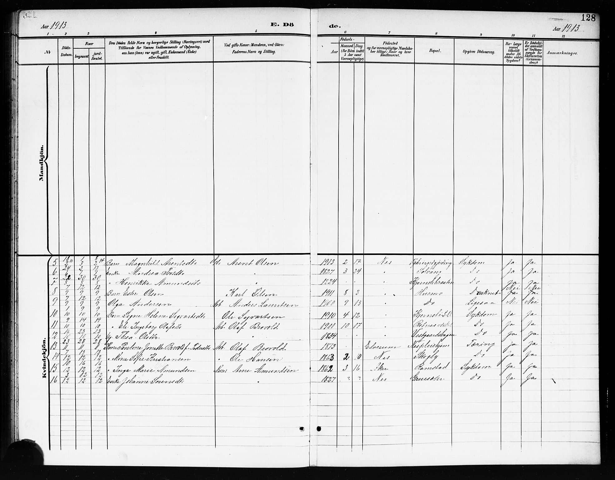 Nes prestekontor Kirkebøker, AV/SAO-A-10410/G/Gc/L0001: Parish register (copy) no. III 1, 1901-1917, p. 128