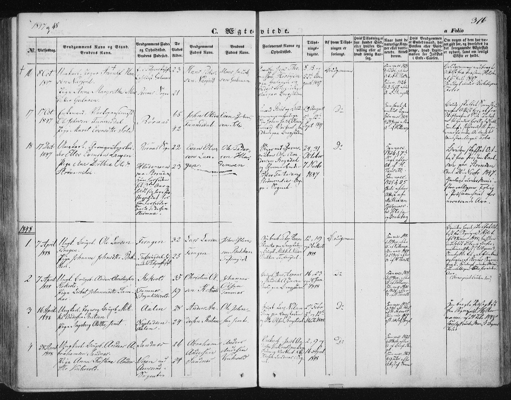 Ministerialprotokoller, klokkerbøker og fødselsregistre - Sør-Trøndelag, SAT/A-1456/681/L0931: Parish register (official) no. 681A09, 1845-1859, p. 316