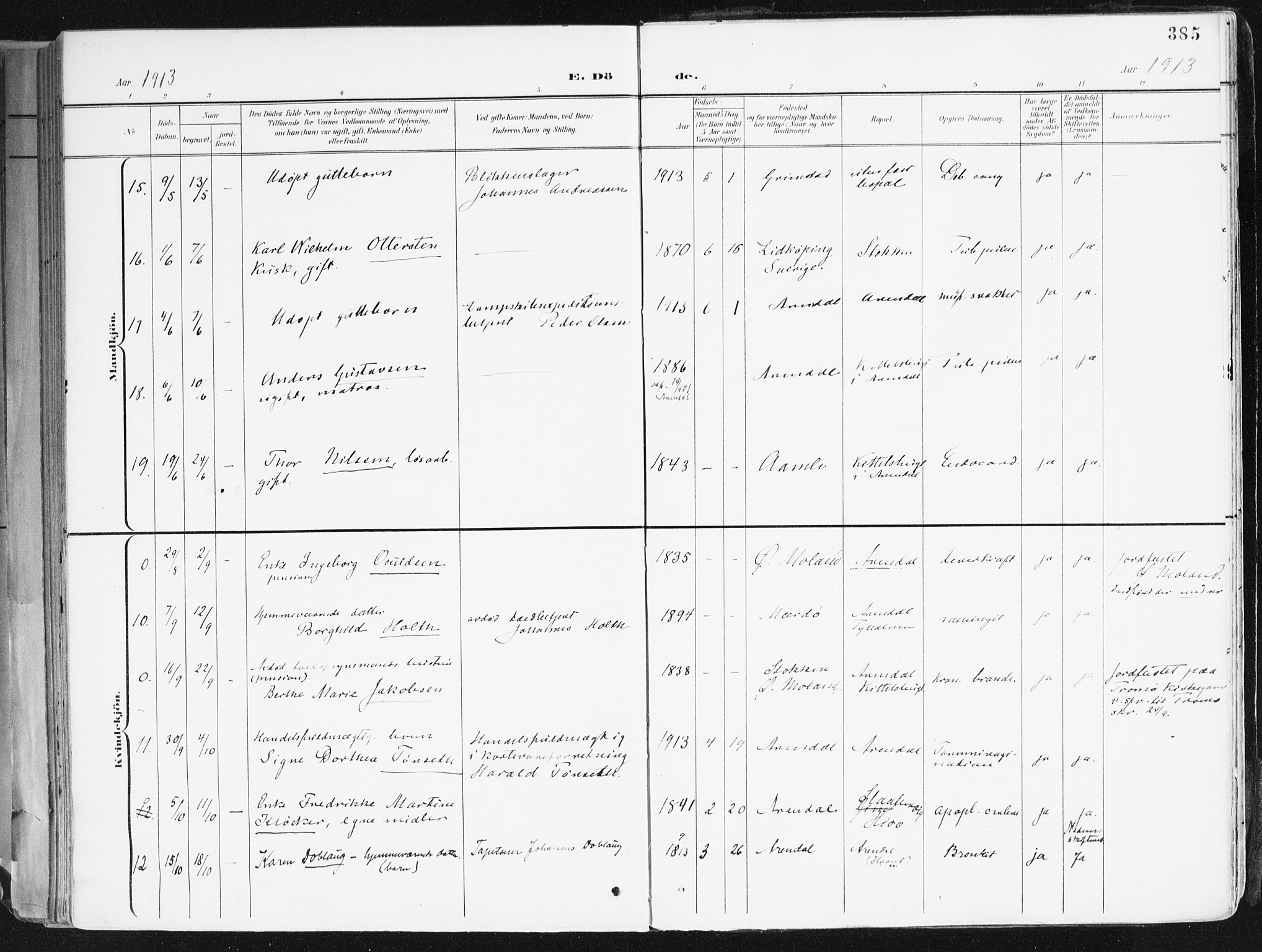 Arendal sokneprestkontor, Trefoldighet, AV/SAK-1111-0040/F/Fa/L0010: Parish register (official) no. A 10, 1900-1919, p. 385