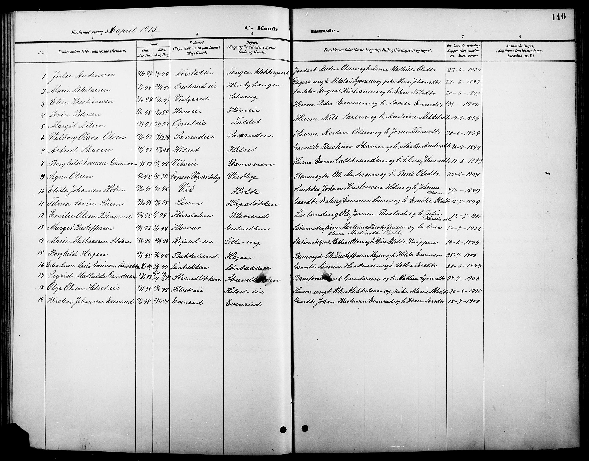Stange prestekontor, SAH/PREST-002/L/L0011: Parish register (copy) no. 11, 1895-1917, p. 146