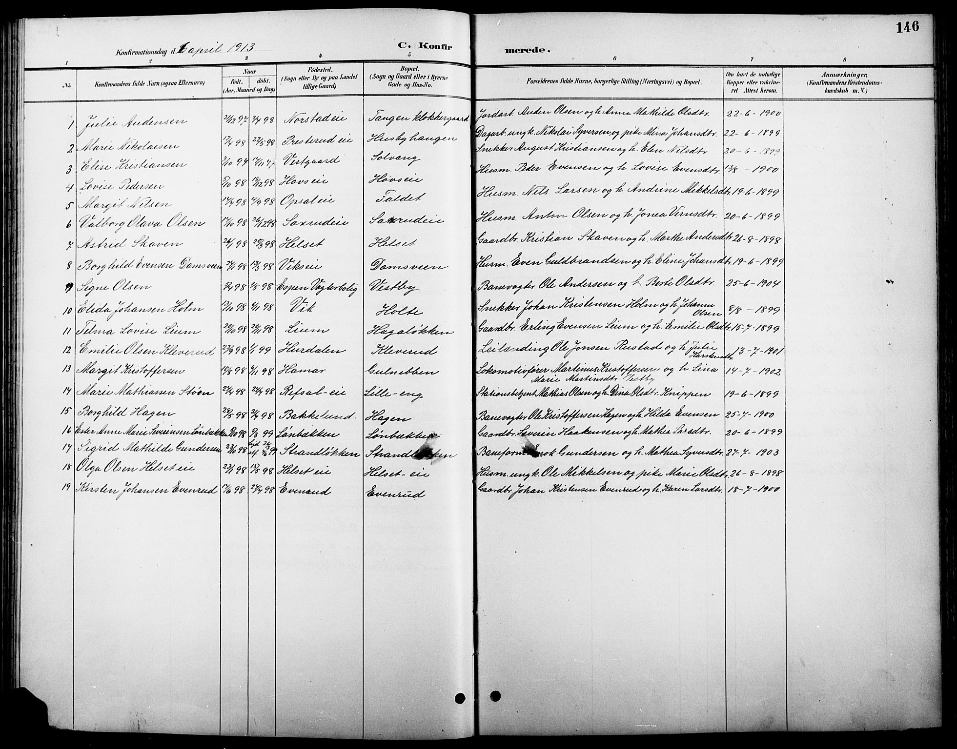 Stange prestekontor, AV/SAH-PREST-002/L/L0011: Parish register (copy) no. 11, 1895-1917, p. 146