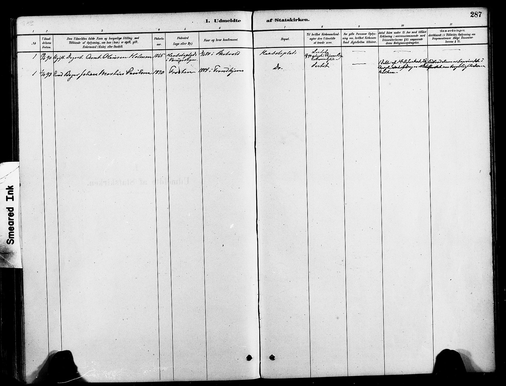 Ministerialprotokoller, klokkerbøker og fødselsregistre - Nord-Trøndelag, AV/SAT-A-1458/709/L0077: Parish register (official) no. 709A17, 1880-1895, p. 287