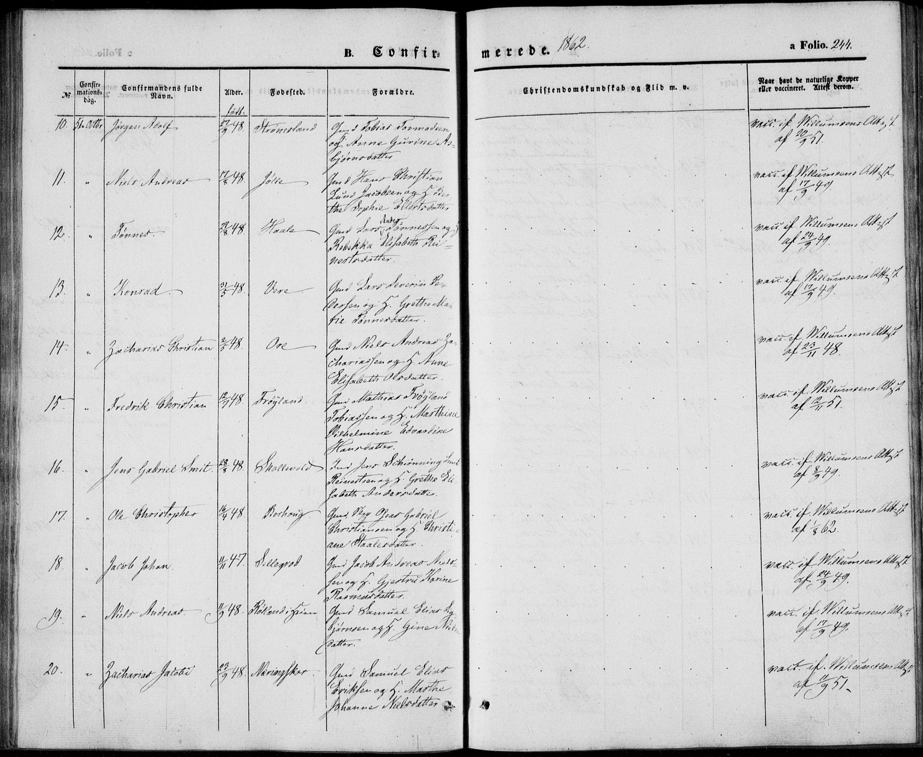 Lista sokneprestkontor, AV/SAK-1111-0027/F/Fb/L0002: Parish register (copy) no. B 2, 1847-1862, p. 244