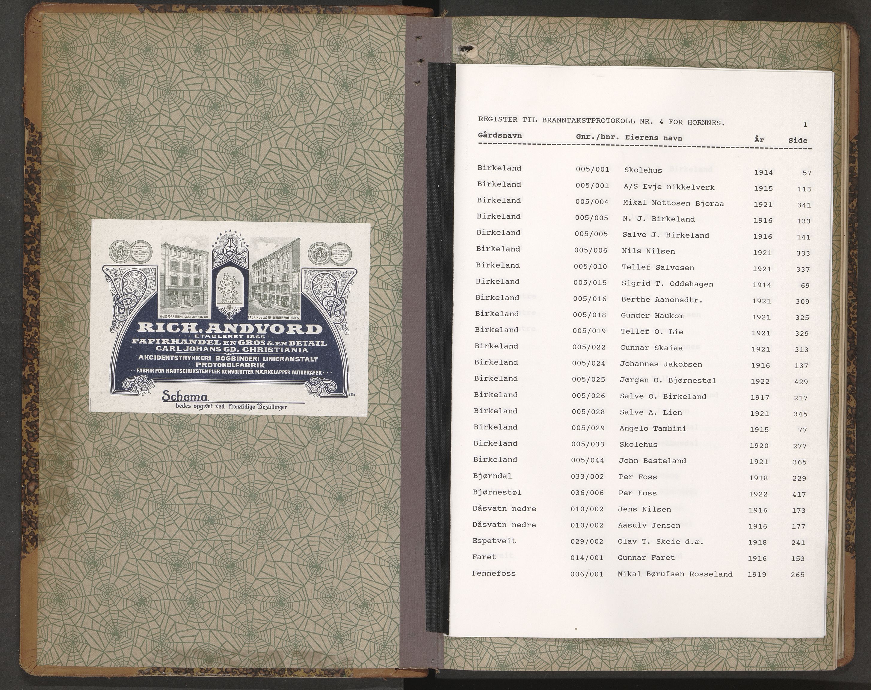 Norges Brannkasse Hornnes, AV/SAK-2241-0026/F/Fa/L0005: Branntakstprotokoll nr. 4 med gårdsnavnregister, 1914-1924