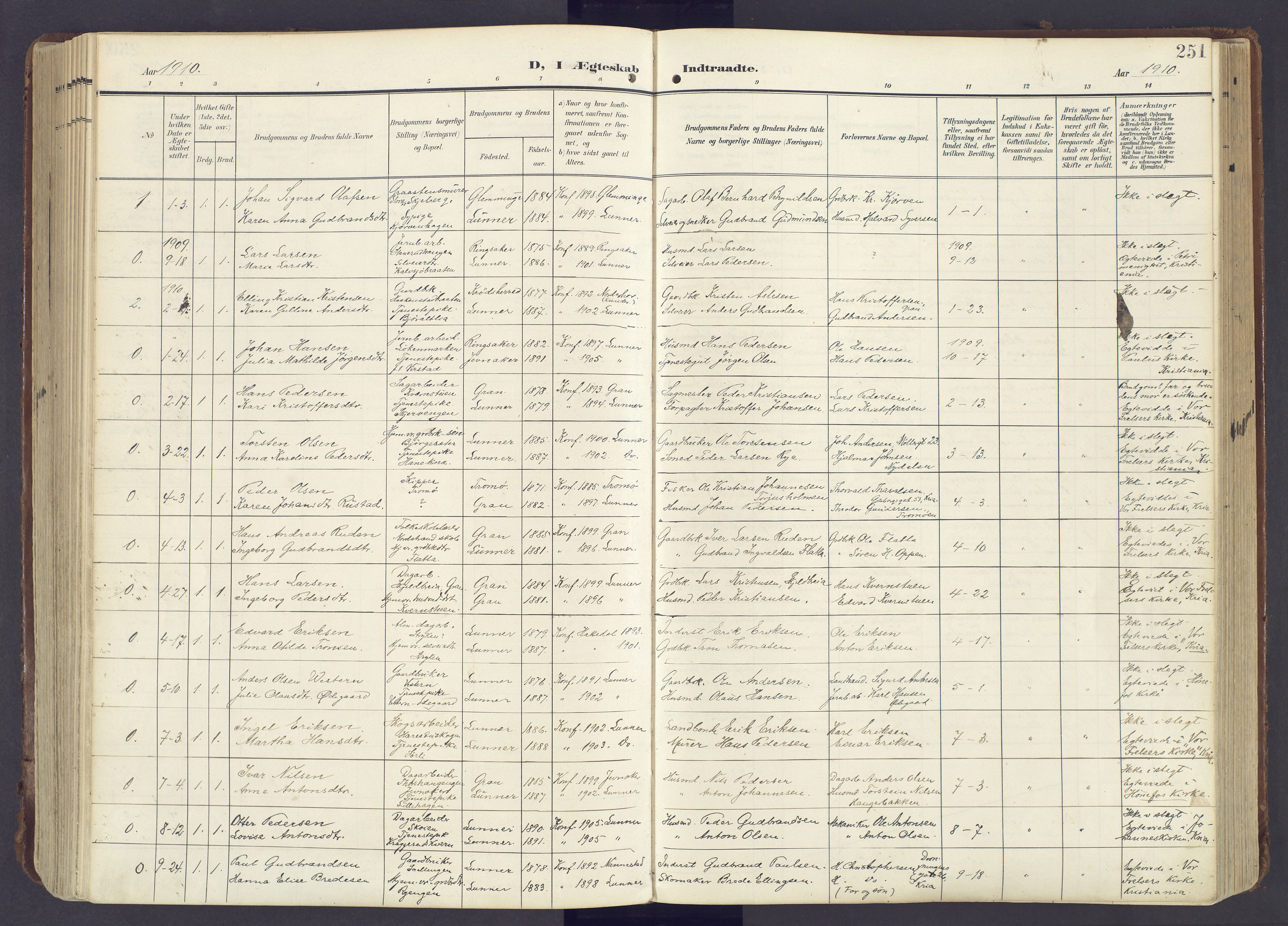 Lunner prestekontor, SAH/PREST-118/H/Ha/Haa/L0001: Parish register (official) no. 1, 1907-1922, p. 251