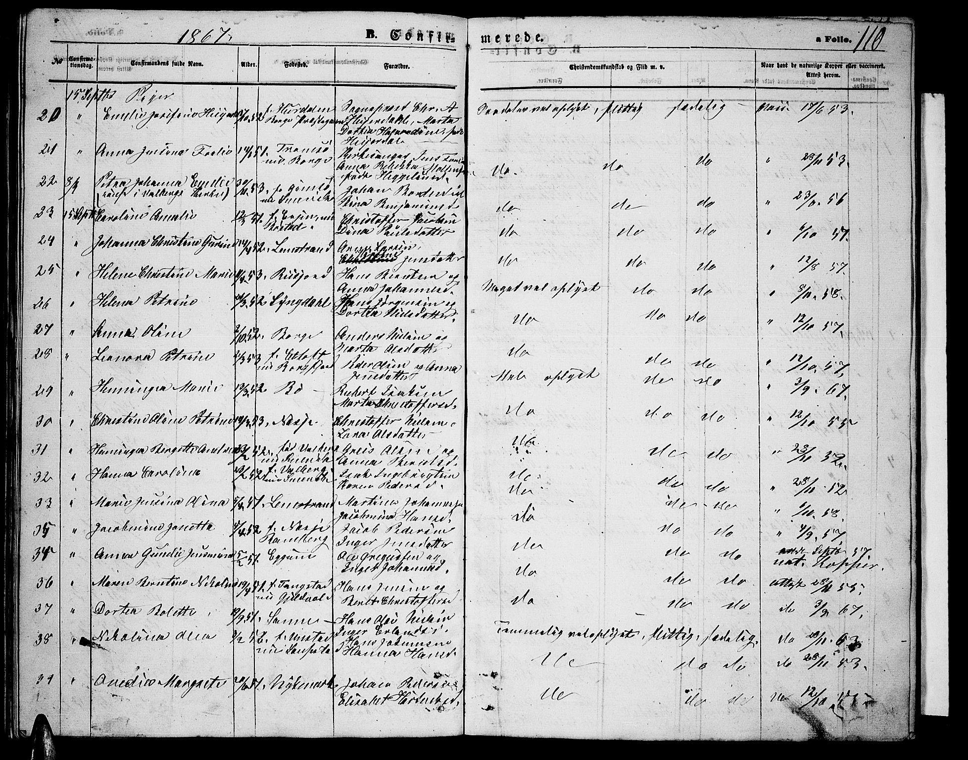 Ministerialprotokoller, klokkerbøker og fødselsregistre - Nordland, AV/SAT-A-1459/880/L1140: Parish register (copy) no. 880C02, 1861-1875, p. 110