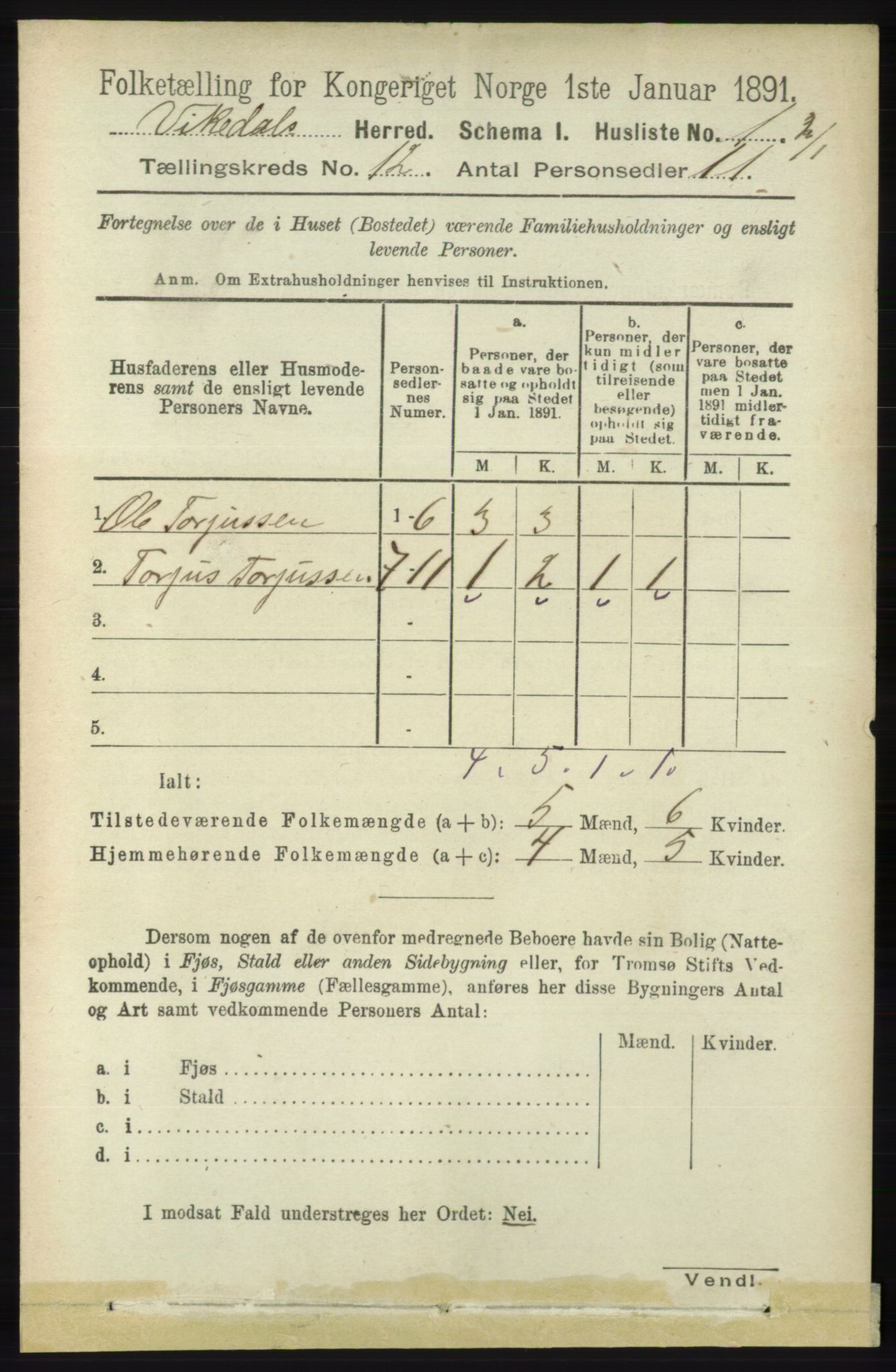 RA, 1891 census for 1157 Vikedal, 1891, p. 3148