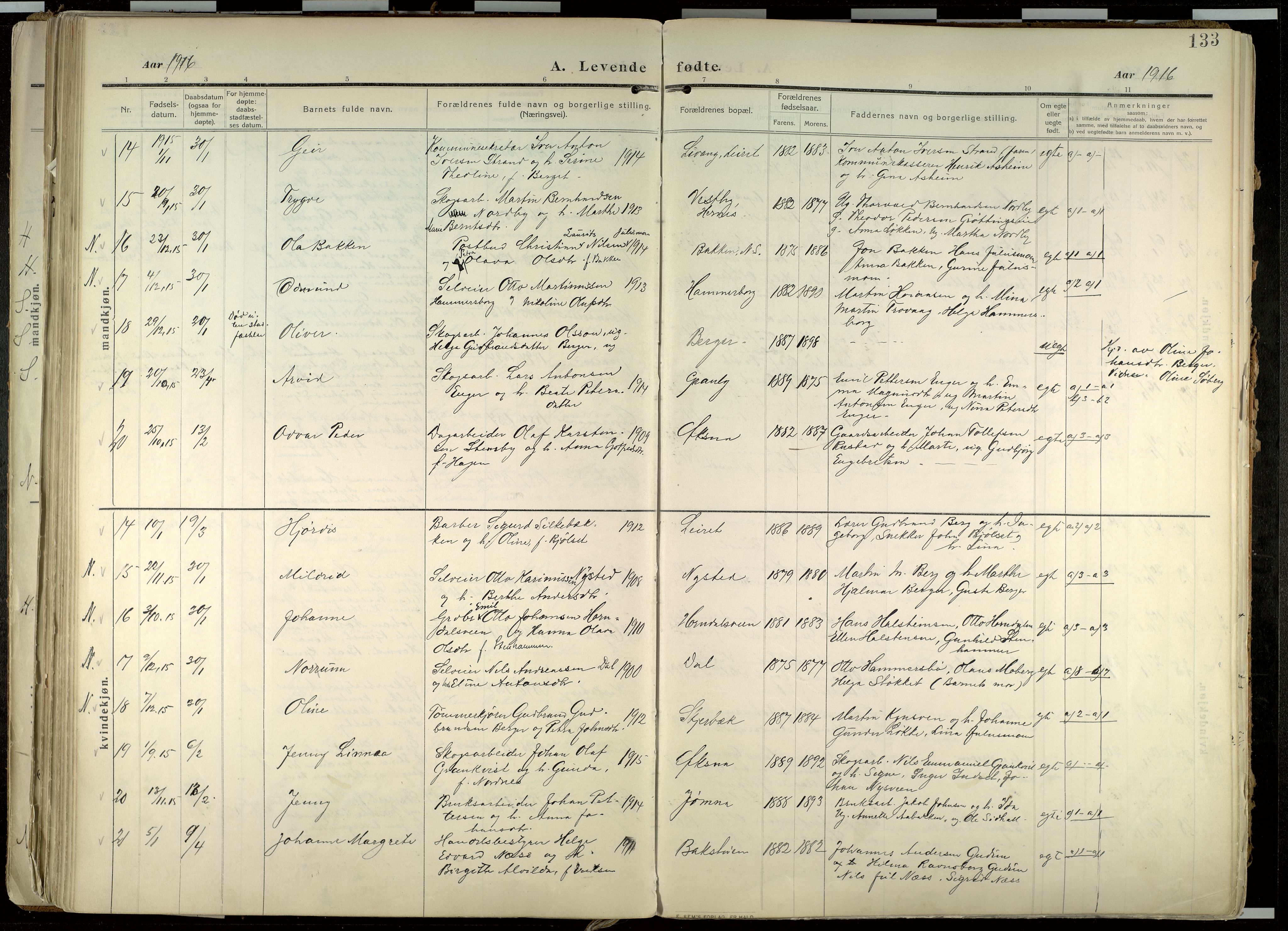 Elverum prestekontor, AV/SAH-PREST-044/H/Ha/Haa/L0020: Parish register (official) no. 20, 1909-1921, p. 133