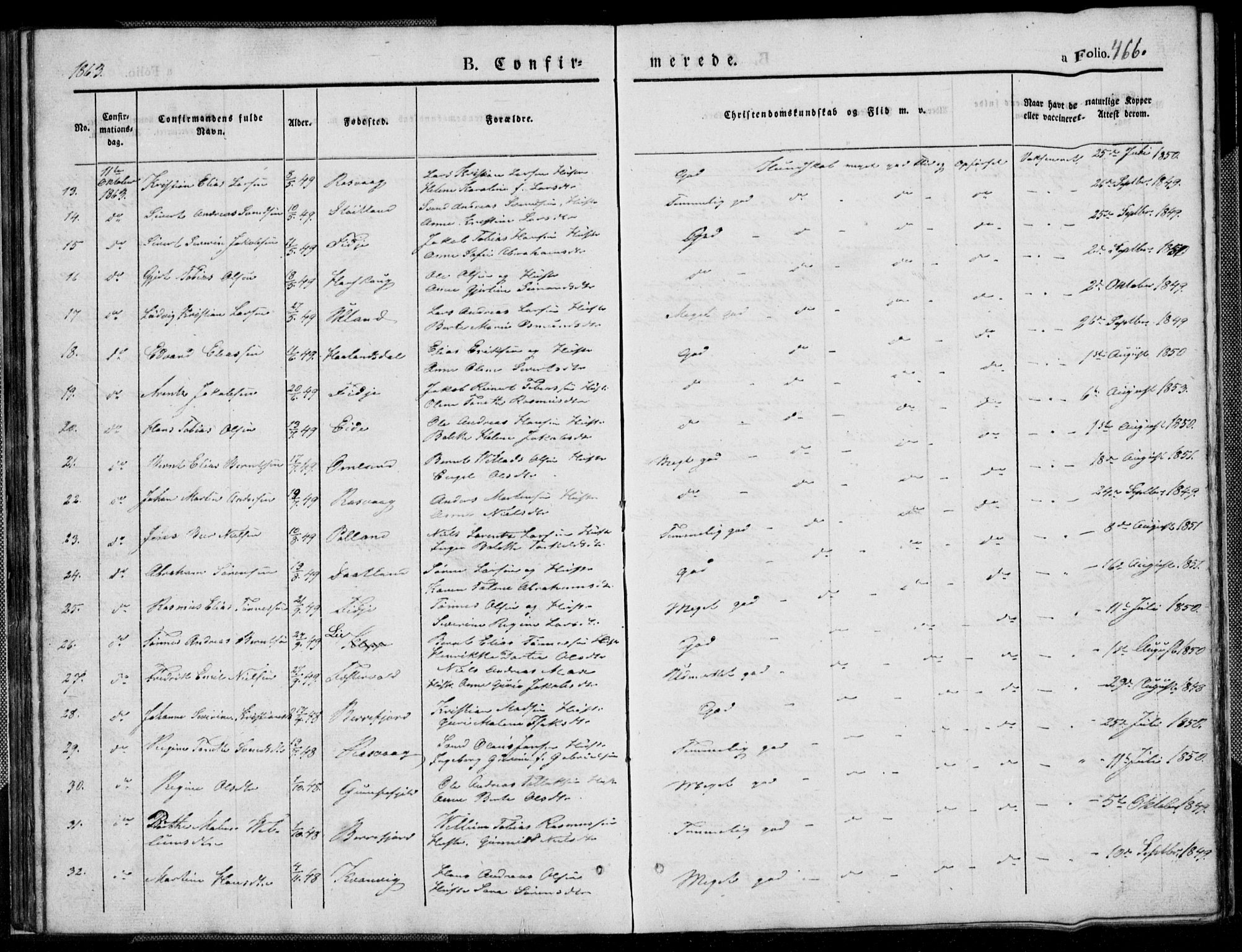 Flekkefjord sokneprestkontor, SAK/1111-0012/F/Fb/Fbb/L0002: Parish register (copy) no. B 2b, 1831-1866, p. 466
