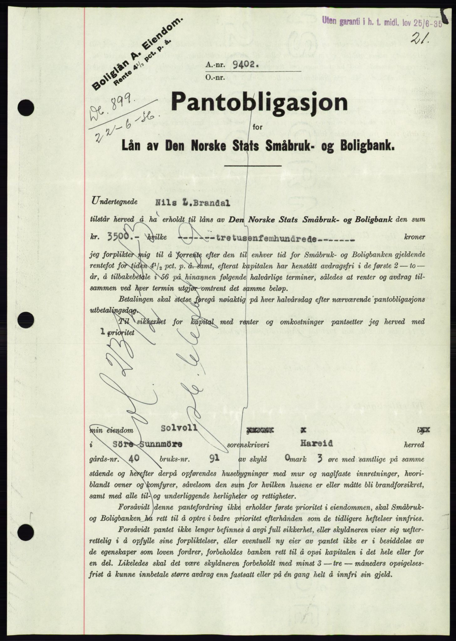 Søre Sunnmøre sorenskriveri, AV/SAT-A-4122/1/2/2C/L0061: Mortgage book no. 55, 1936-1936, Diary no: : 899/1936