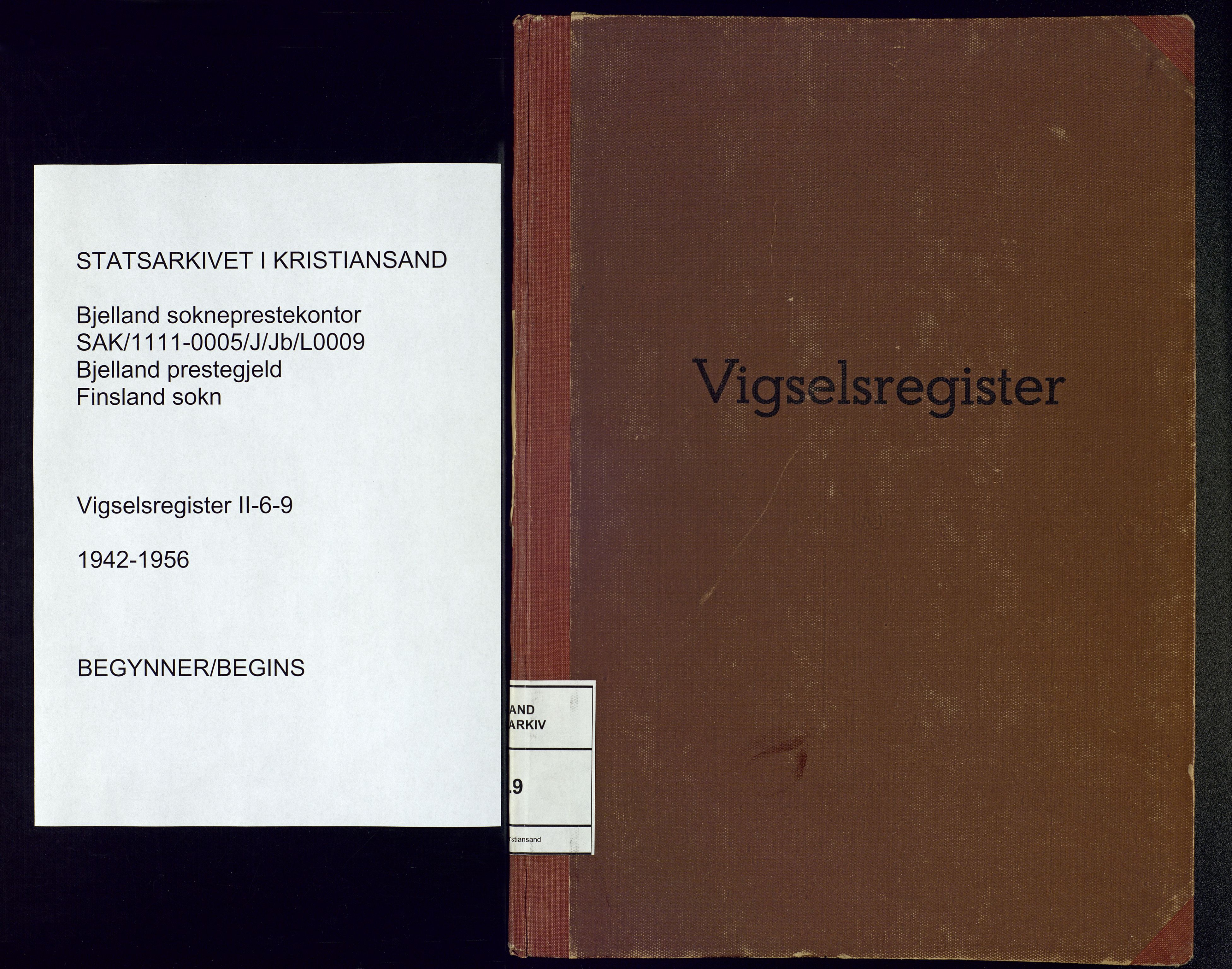 Bjelland sokneprestkontor, SAK/1111-0005/J/Jb/L0009: Marriage register no. II.6.9, 1942-1956