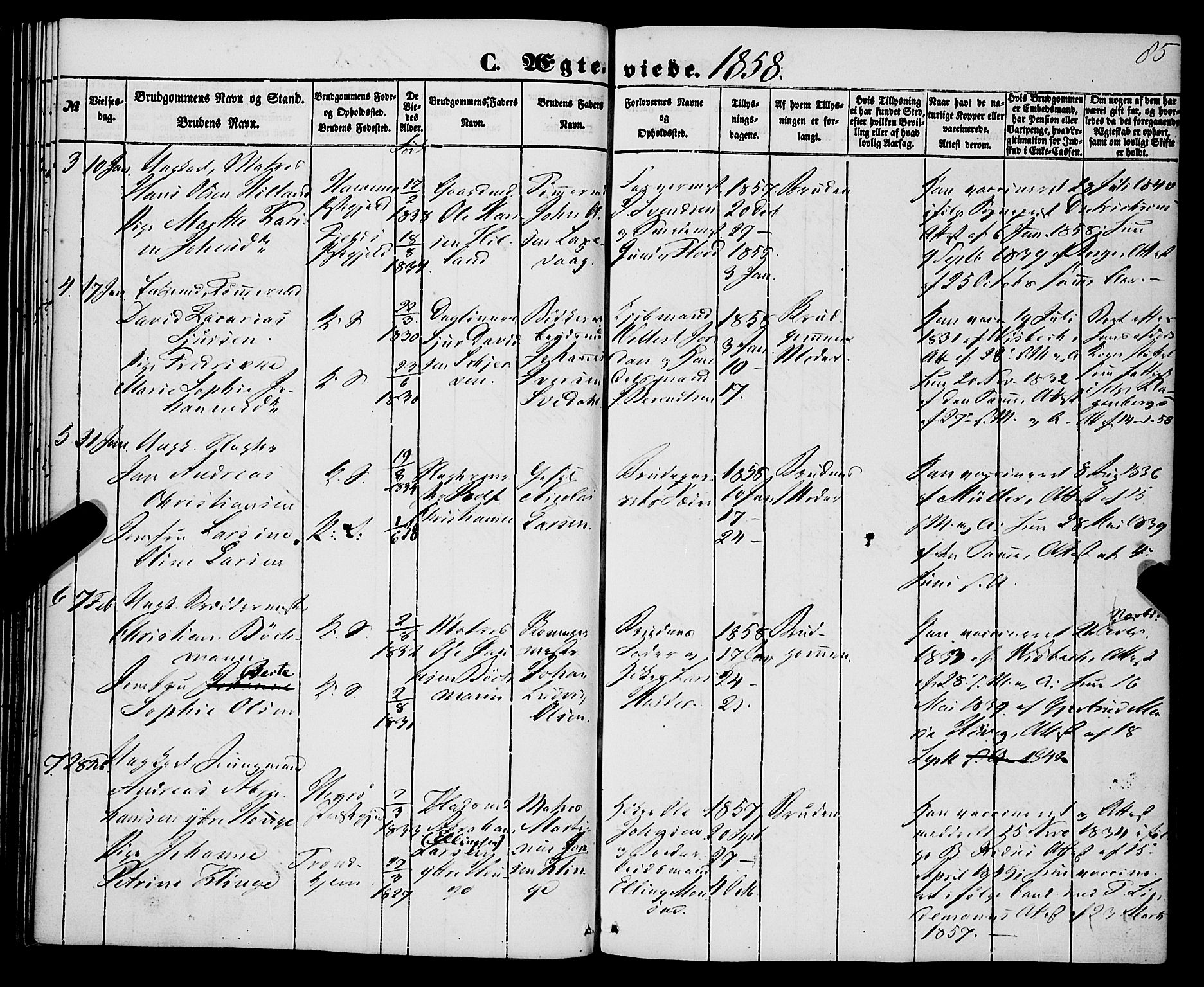 Korskirken sokneprestembete, SAB/A-76101/H/Haa/L0035: Parish register (official) no. D 2, 1852-1867, p. 85