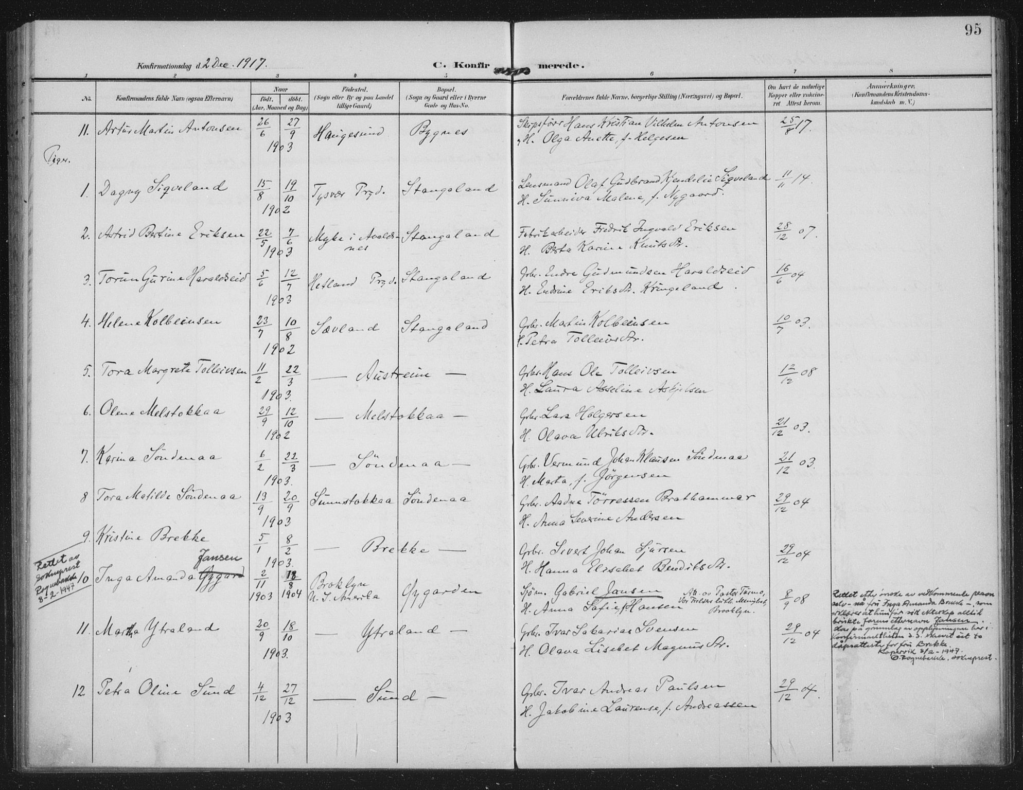 Kopervik sokneprestkontor, AV/SAST-A-101850/H/Ha/Haa/L0003: Parish register (official) no. A 3, 1906-1924, p. 95