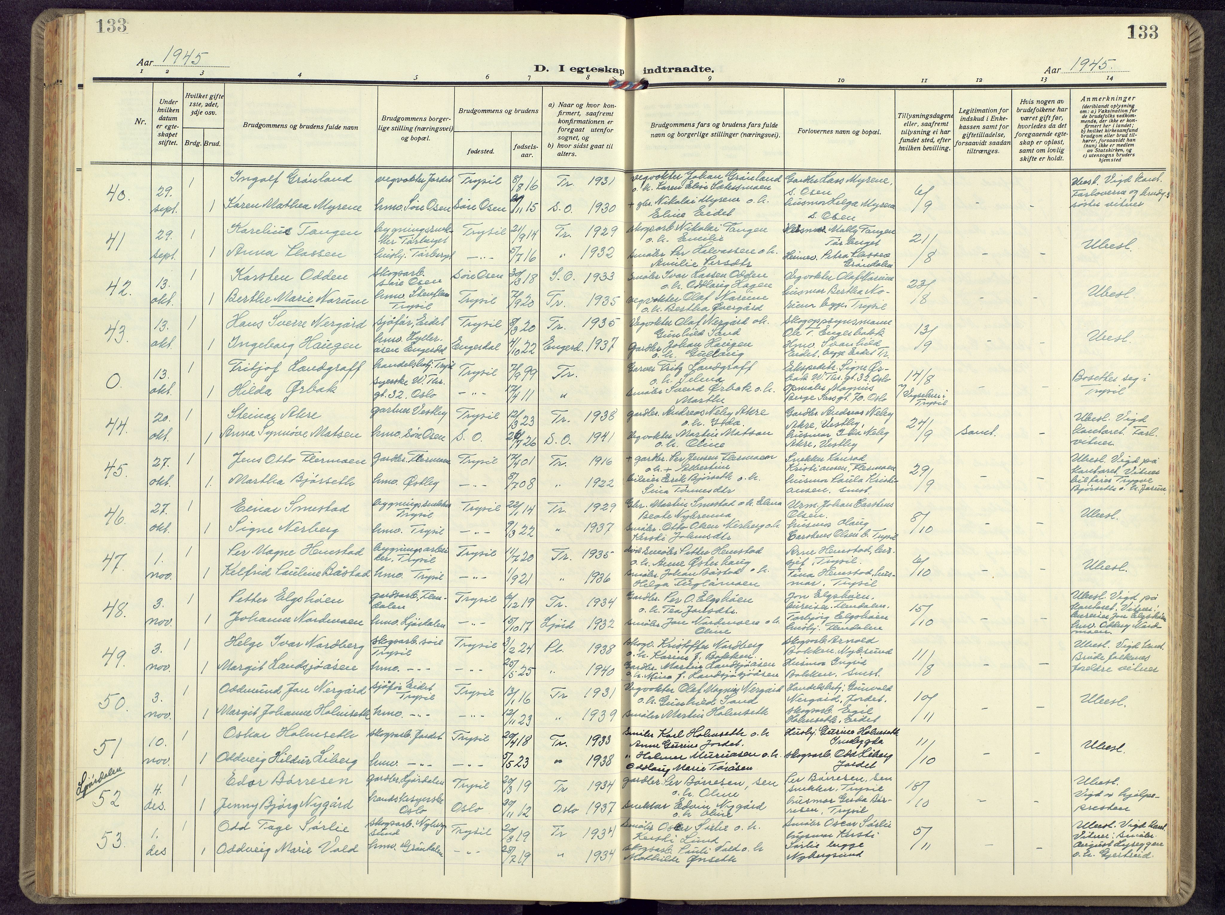 Trysil prestekontor, SAH/PREST-046/H/Ha/Hab/L0012: Parish register (copy) no. 12, 1938-1959, p. 133