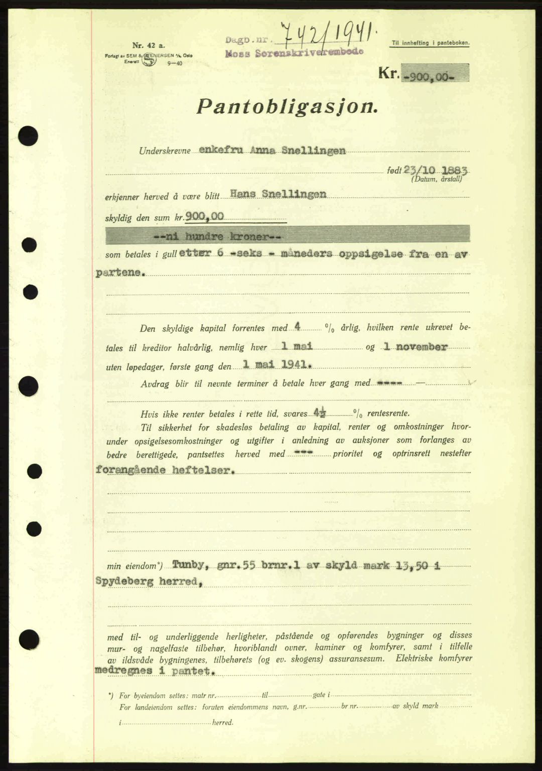 Moss sorenskriveri, SAO/A-10168: Mortgage book no. B10, 1940-1941, Diary no: : 742/1941