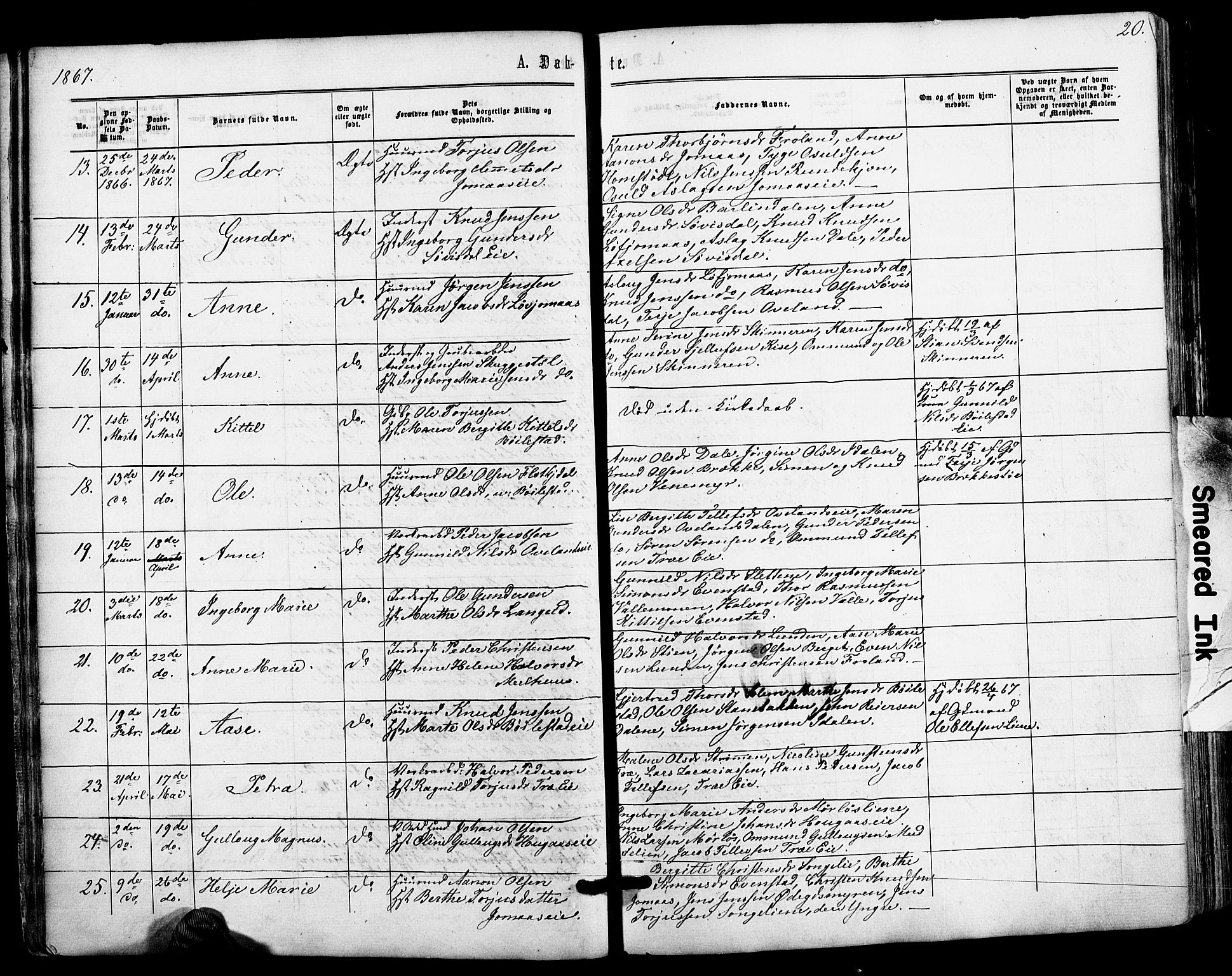 Froland sokneprestkontor, AV/SAK-1111-0013/F/Fa/L0003: Parish register (official) no. A 3, 1864-1881, p. 20