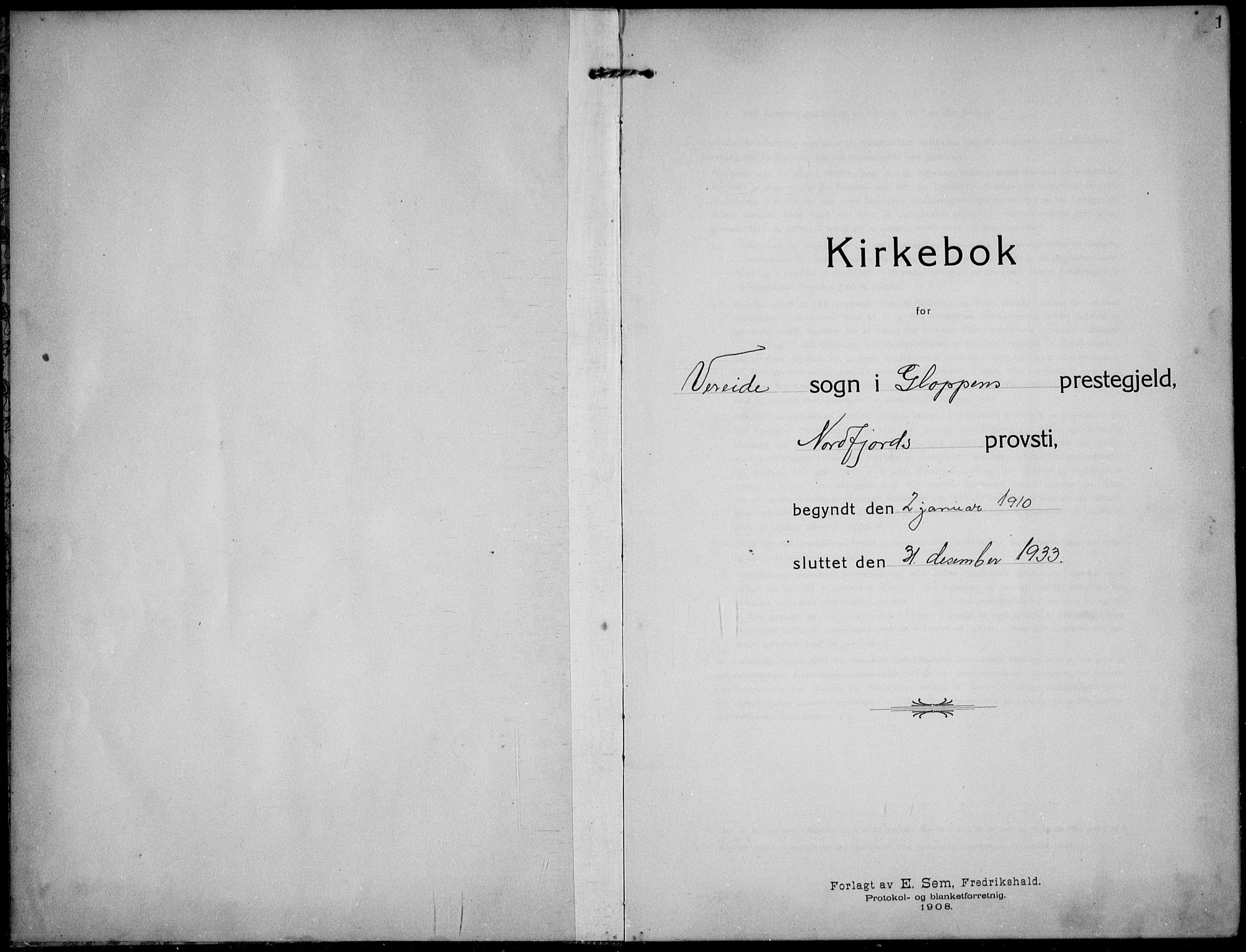 Gloppen sokneprestembete, AV/SAB-A-80101/H/Hab/Habb/L0003: Parish register (copy) no. B 3, 1910-1933, p. 1