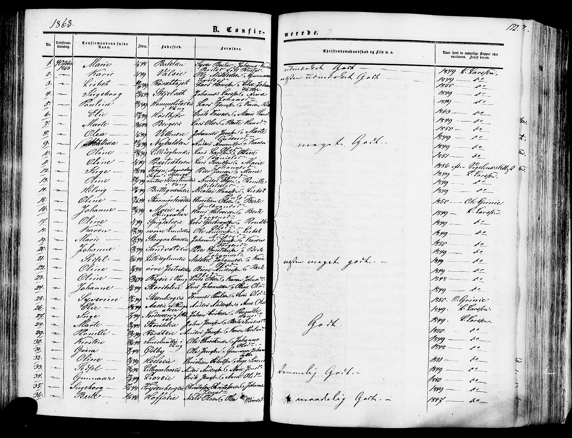 Vang prestekontor, Hedmark, SAH/PREST-008/H/Ha/Haa/L0013: Parish register (official) no. 13, 1855-1879, p. 172