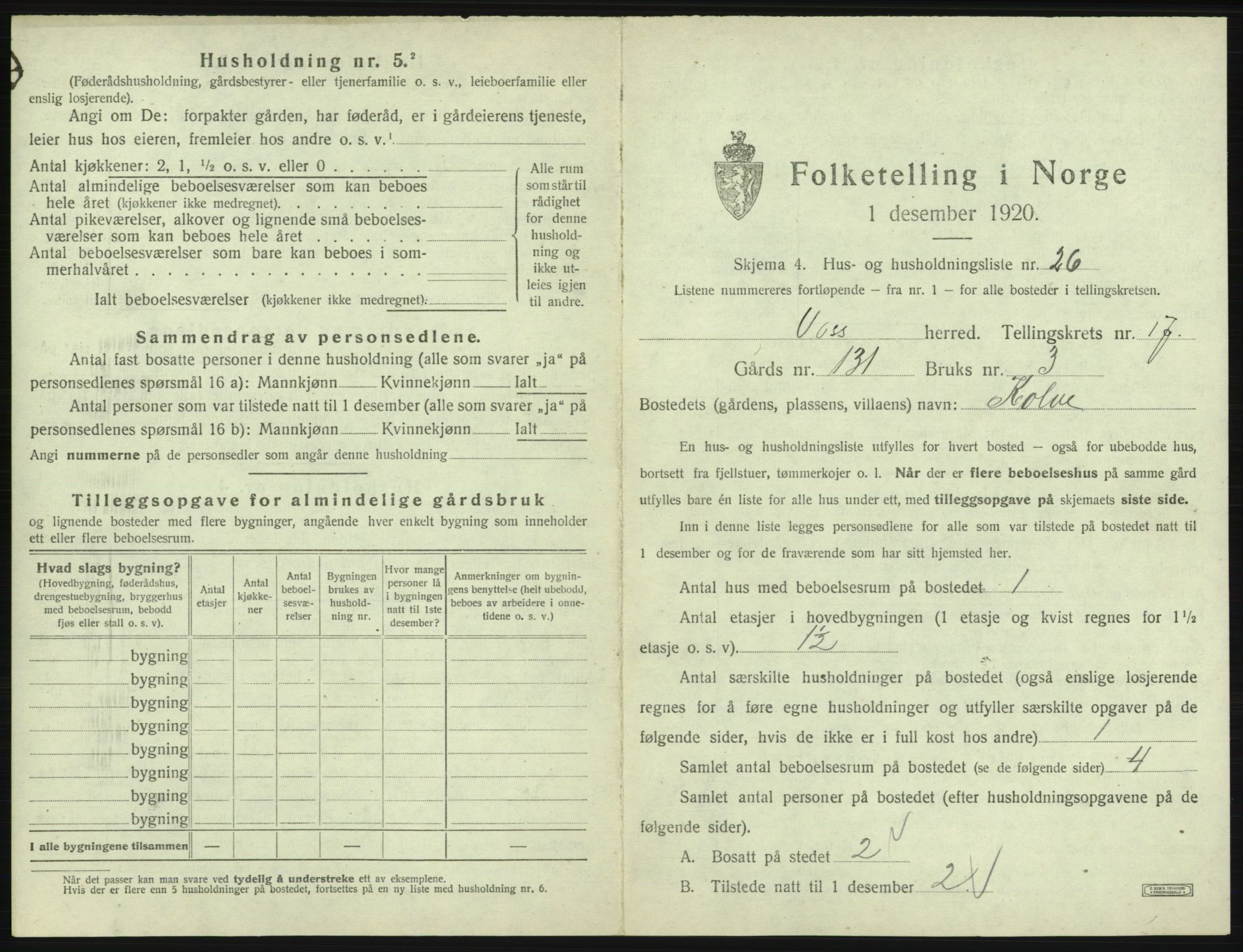 SAB, 1920 census for Voss, 1920, p. 1667