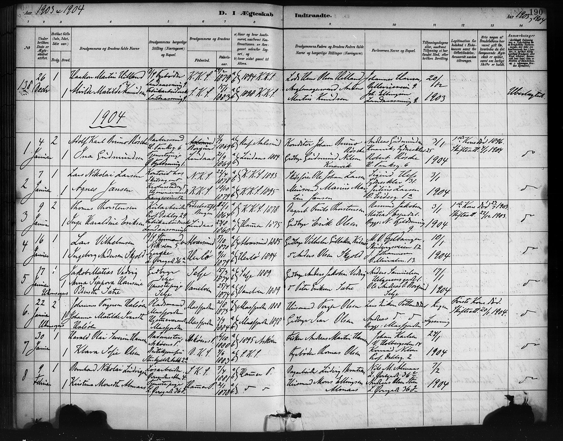 Korskirken sokneprestembete, SAB/A-76101/H/Haa/L0037: Parish register (official) no. D 4, 1883-1904, p. 190