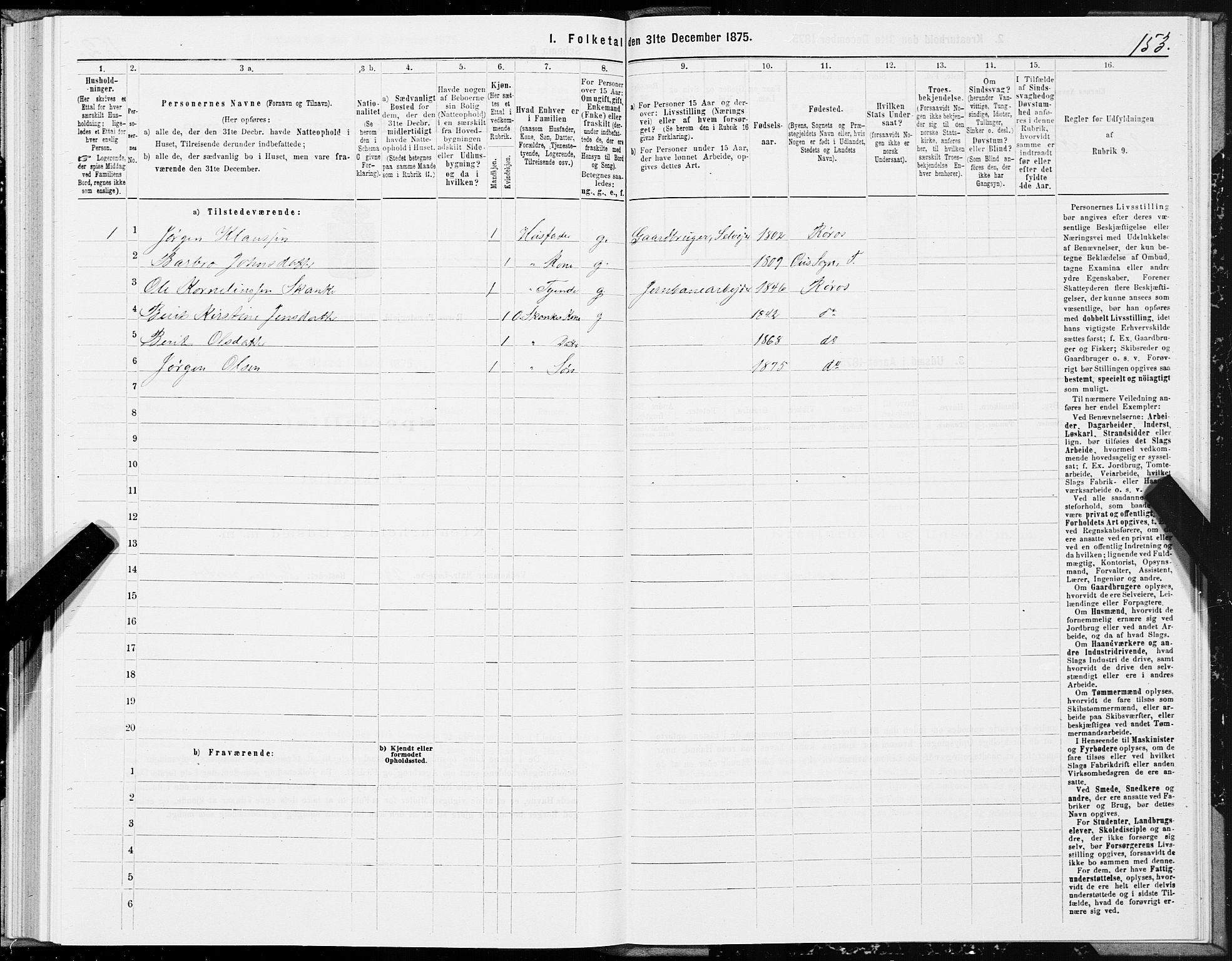 SAT, 1875 census for 1640P Røros, 1875, p. 3153