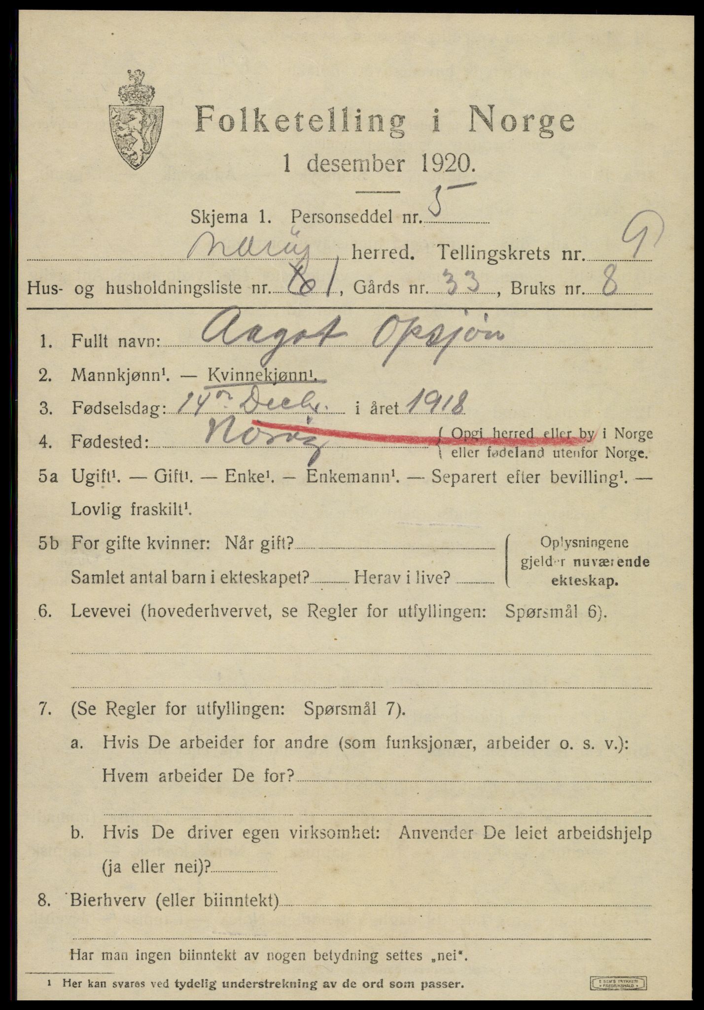 SAT, 1920 census for Nærøy, 1920, p. 4741