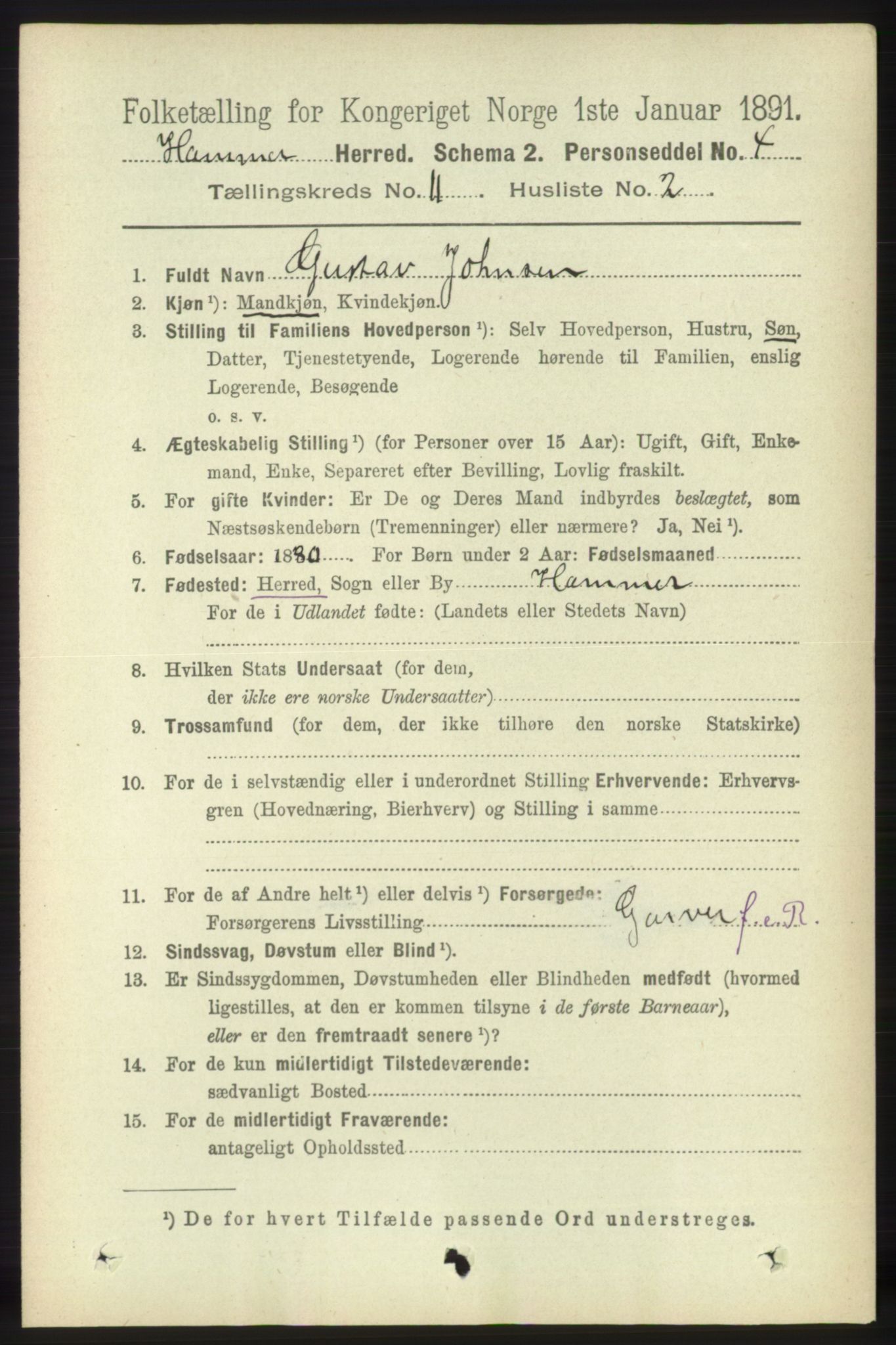 RA, 1891 census for 1254 Hamre, 1891, p. 3152