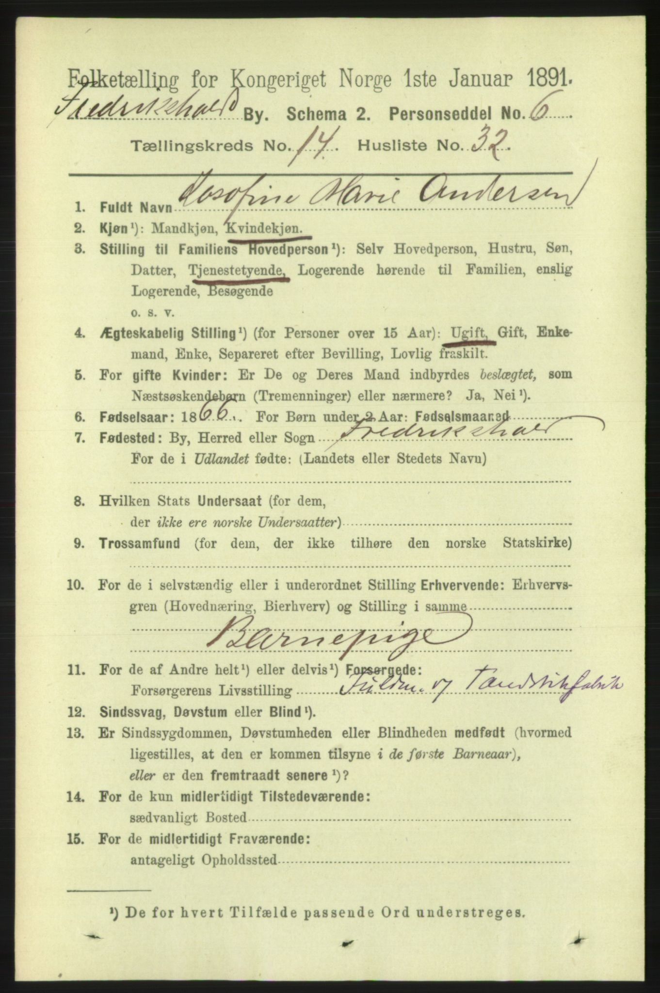 RA, 1891 census for 0101 Fredrikshald, 1891, p. 9457